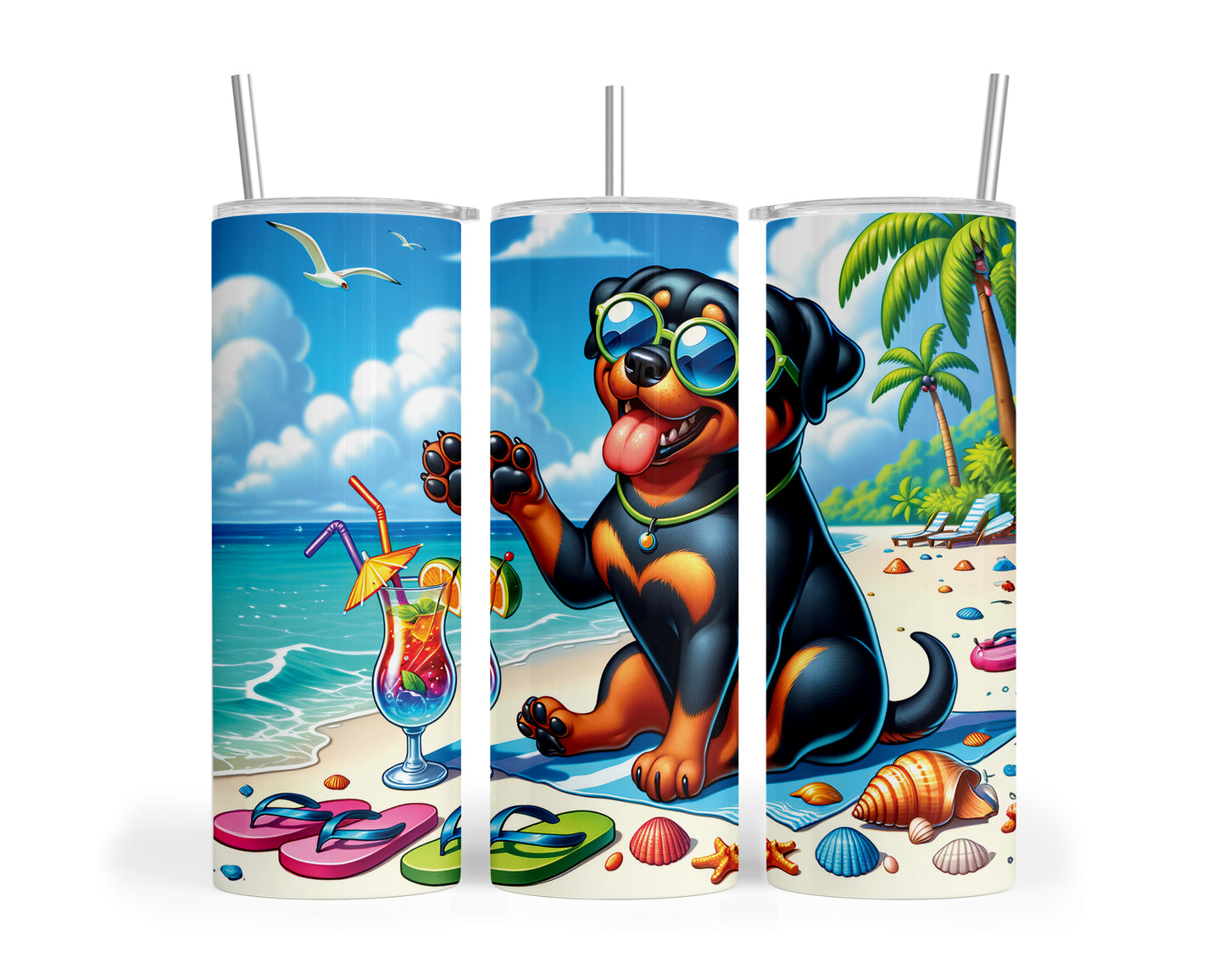 Skinny Tumbler with Straw, 20oz, Dog on Beach,  Rottweiler, awd-1234