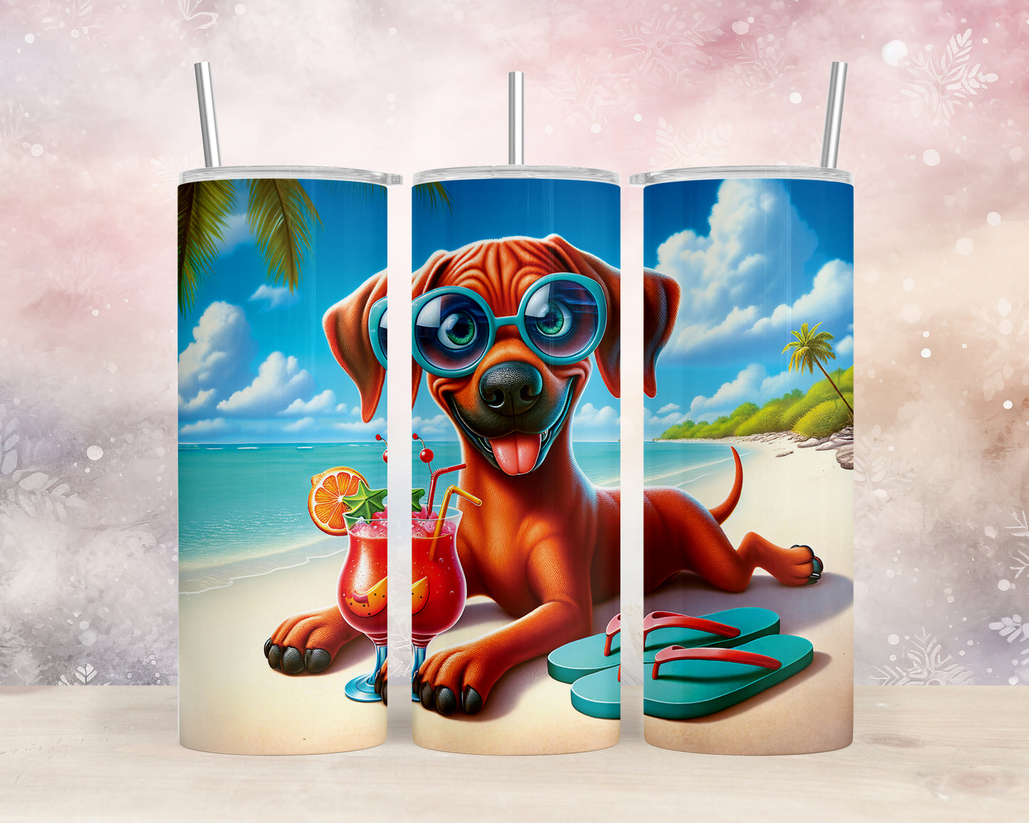 Skinny Tumbler with Straw, 20oz, Dog on Beach, Rhodesian Ridgeback, awd-1238