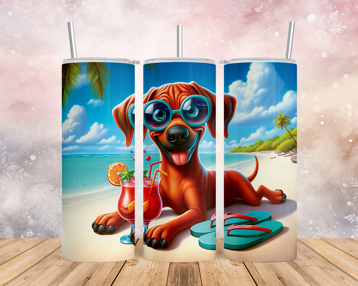 Skinny Tumbler with Straw, 20oz, Dog on Beach, Rhodesian Ridgeback, awd-1238