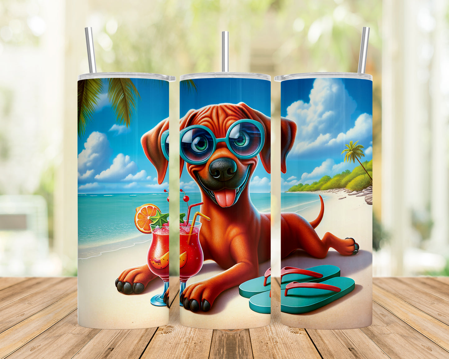 Skinny Tumbler with Straw, 20oz, Dog on Beach, Rhodesian Ridgeback, awd-1238