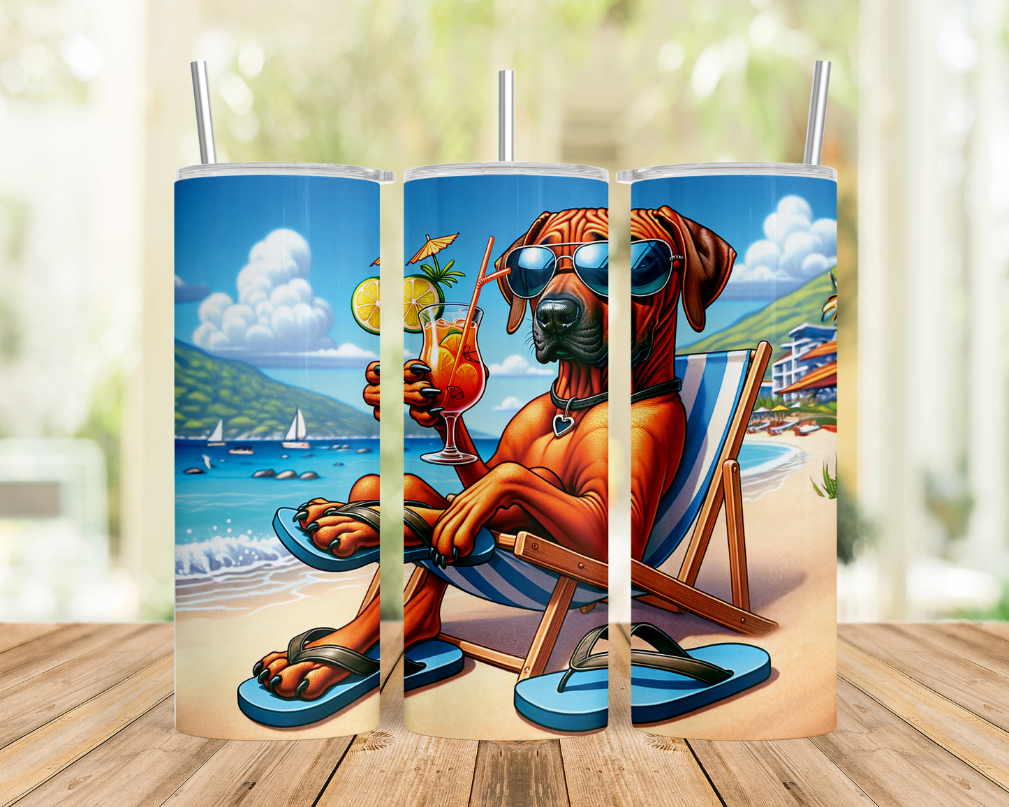 Skinny Tumbler with Straw, 20oz, Dog on Beach, Rhodesian Ridgeback, awd-1239