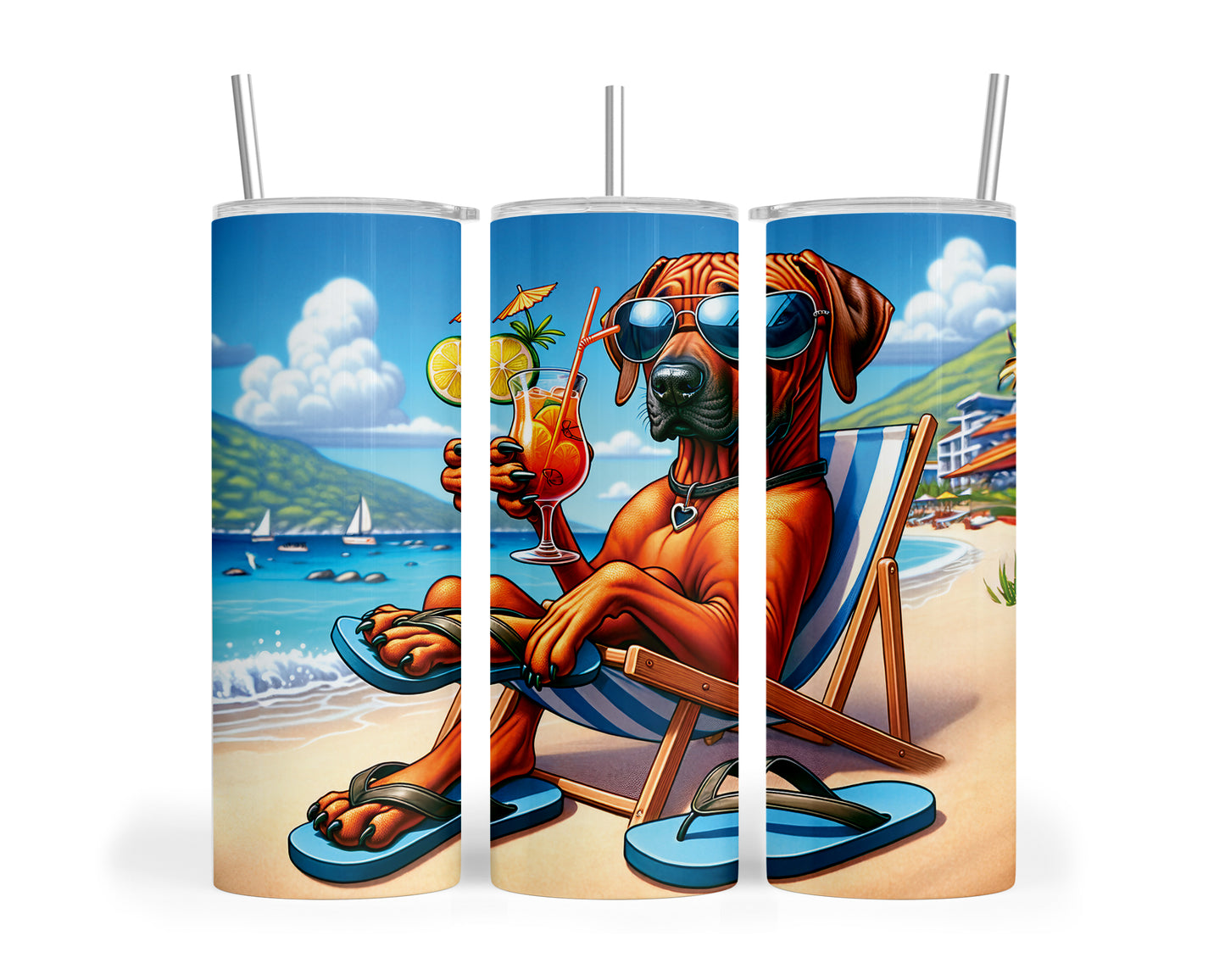 Skinny Tumbler with Straw, 20oz, Dog on Beach, Rhodesian Ridgeback, awd-1239