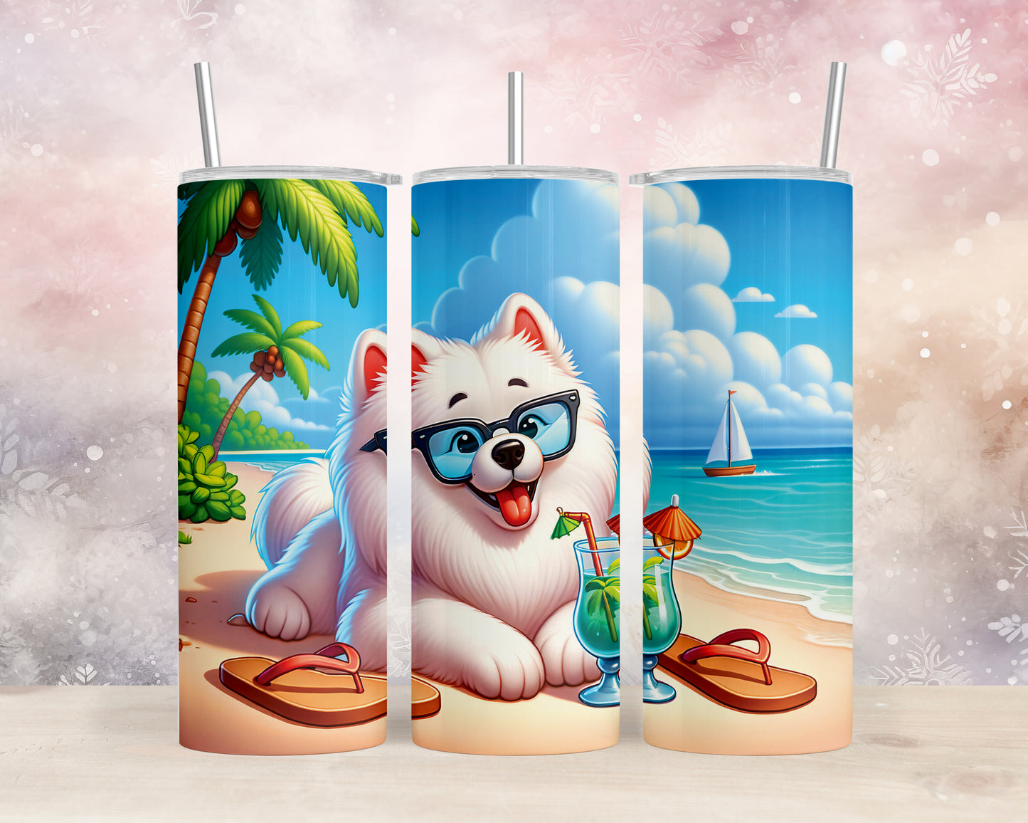 Skinny Tumbler with Straw, 20oz, Dog on Beach, Samoyed, awd-1240