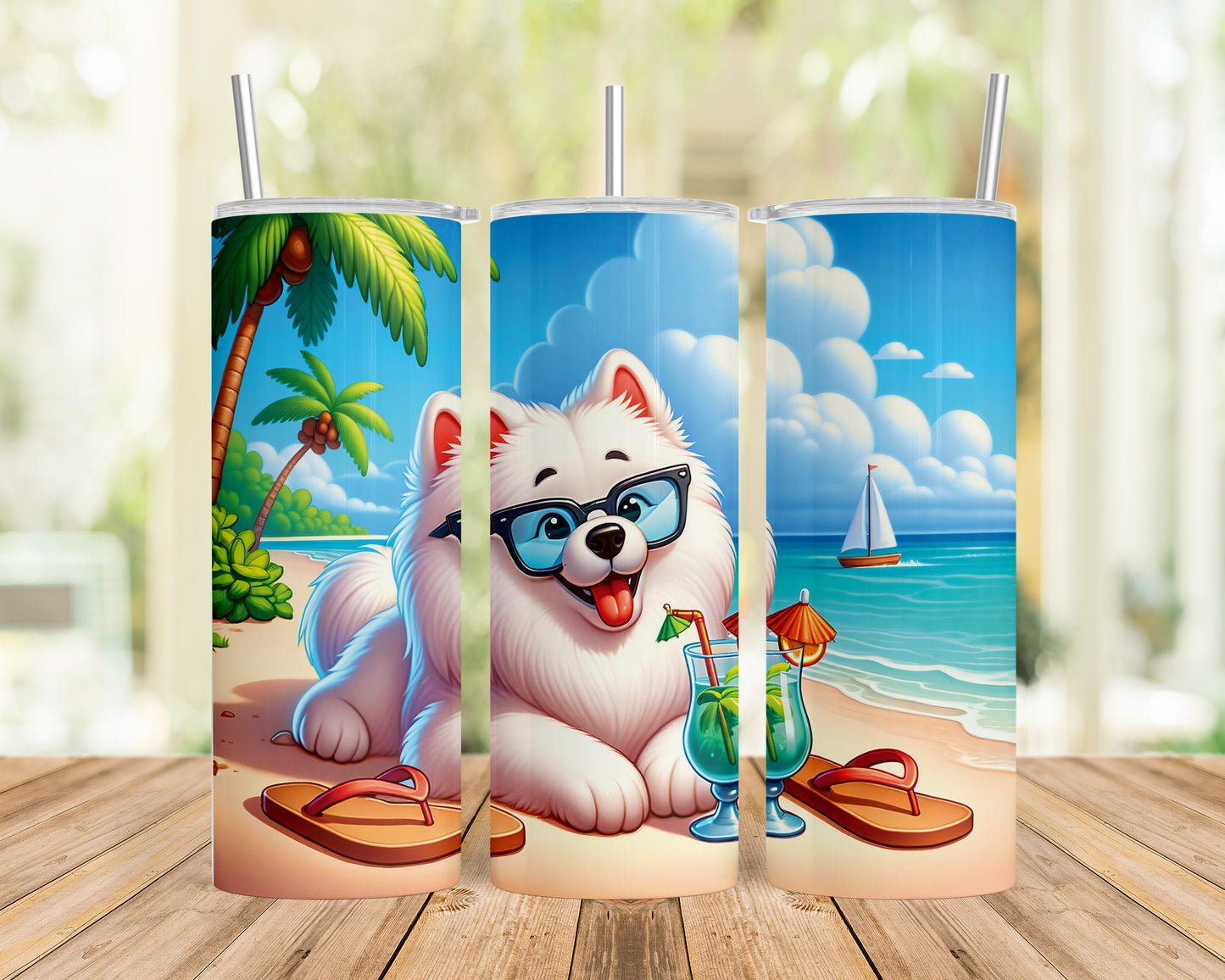 Skinny Tumbler with Straw, 20oz, Dog on Beach, Samoyed, awd-1240