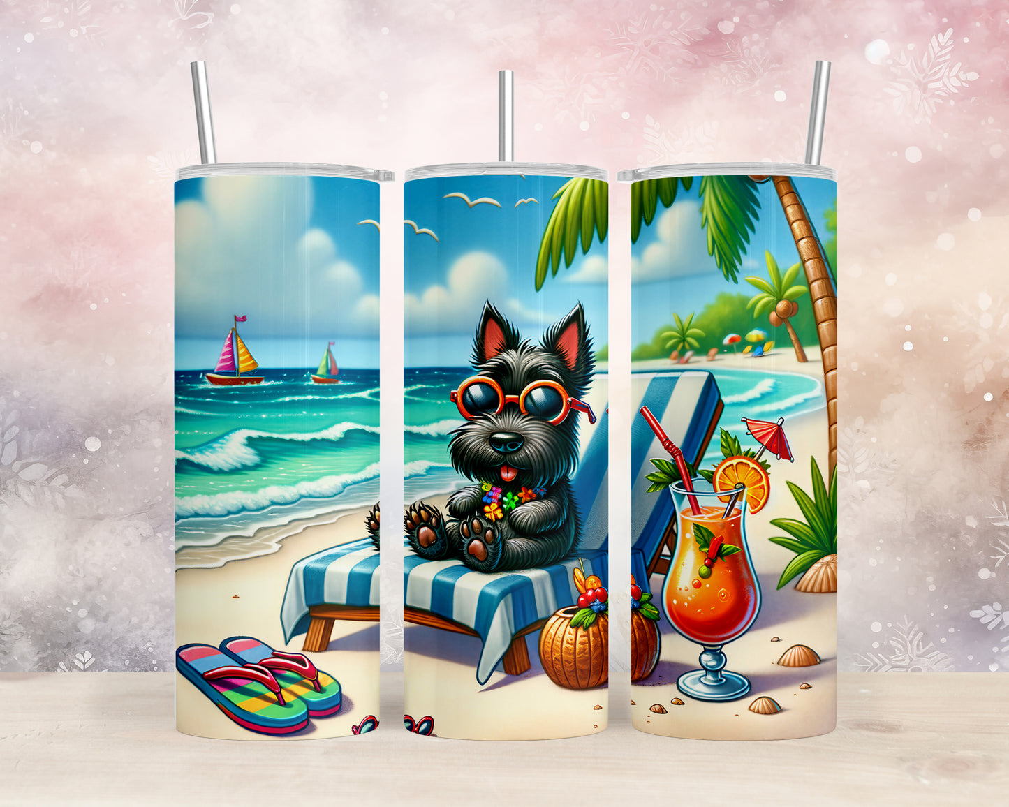 Skinny Tumbler with Straw, 20oz, Dog on Beach, Scottish Terrier, awd-1241