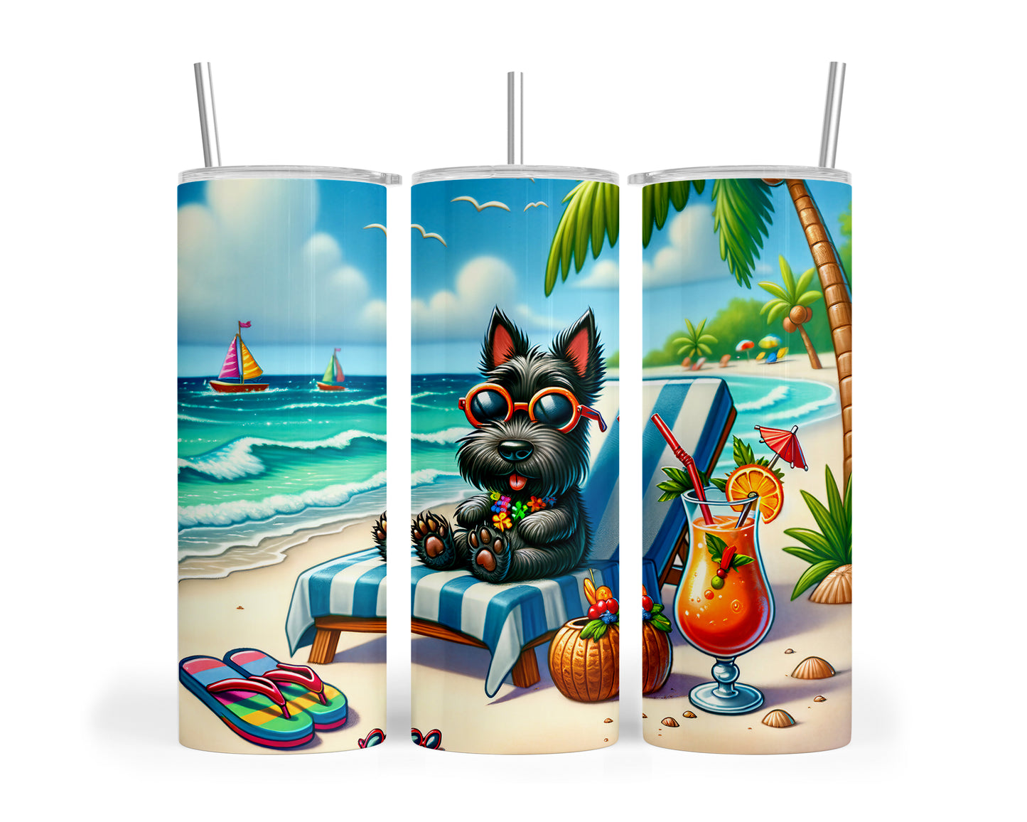 Skinny Tumbler with Straw, 20oz, Dog on Beach, Scottish Terrier, awd-1241