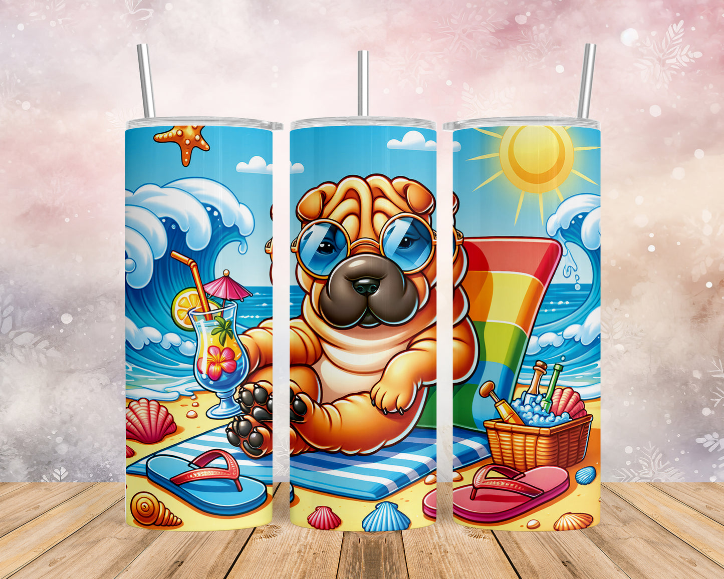 Skinny Tumbler with Straw, 20oz, Dog on Beach, Shar Pei, awd-1242