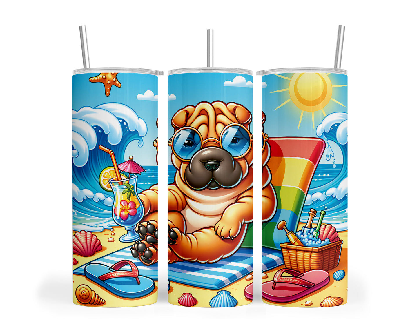 Skinny Tumbler with Straw, 20oz, Dog on Beach, Shar Pei, awd-1242