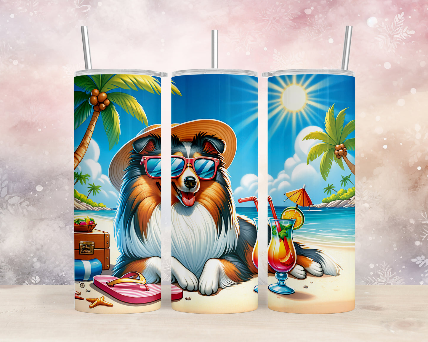 Skinny Tumbler with Straw, 20oz, Dog on Beach, Sheltie, awd-1243