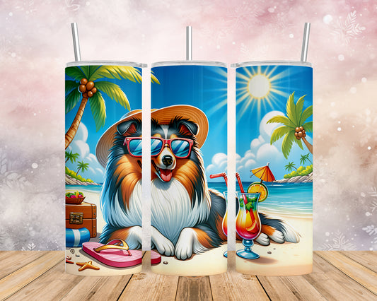 Skinny Tumbler with Straw, 20oz, Dog on Beach, Sheltie, awd-1243