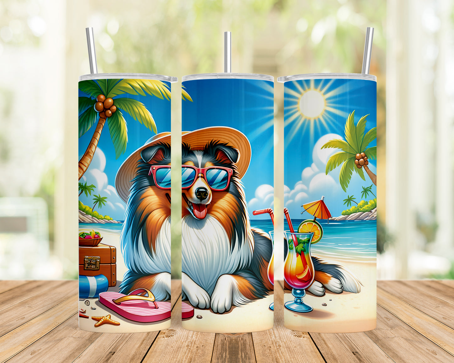 Skinny Tumbler with Straw, 20oz, Dog on Beach, Sheltie, awd-1243