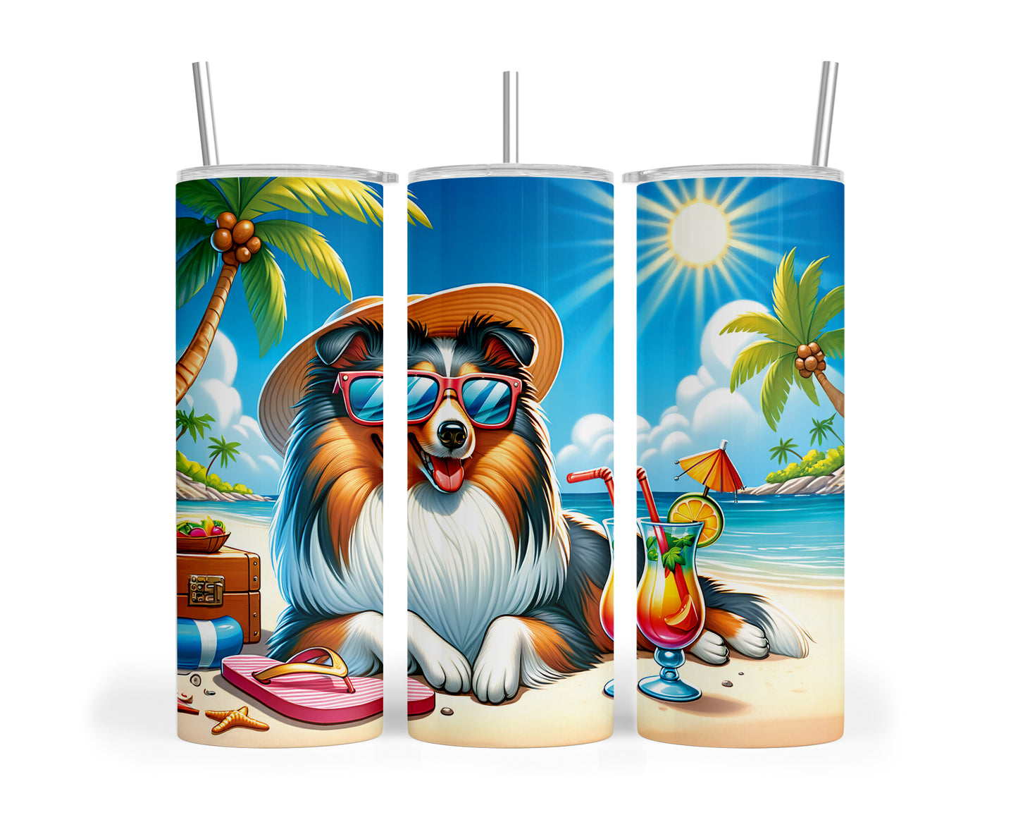 Skinny Tumbler with Straw, 20oz, Dog on Beach, Sheltie, awd-1243