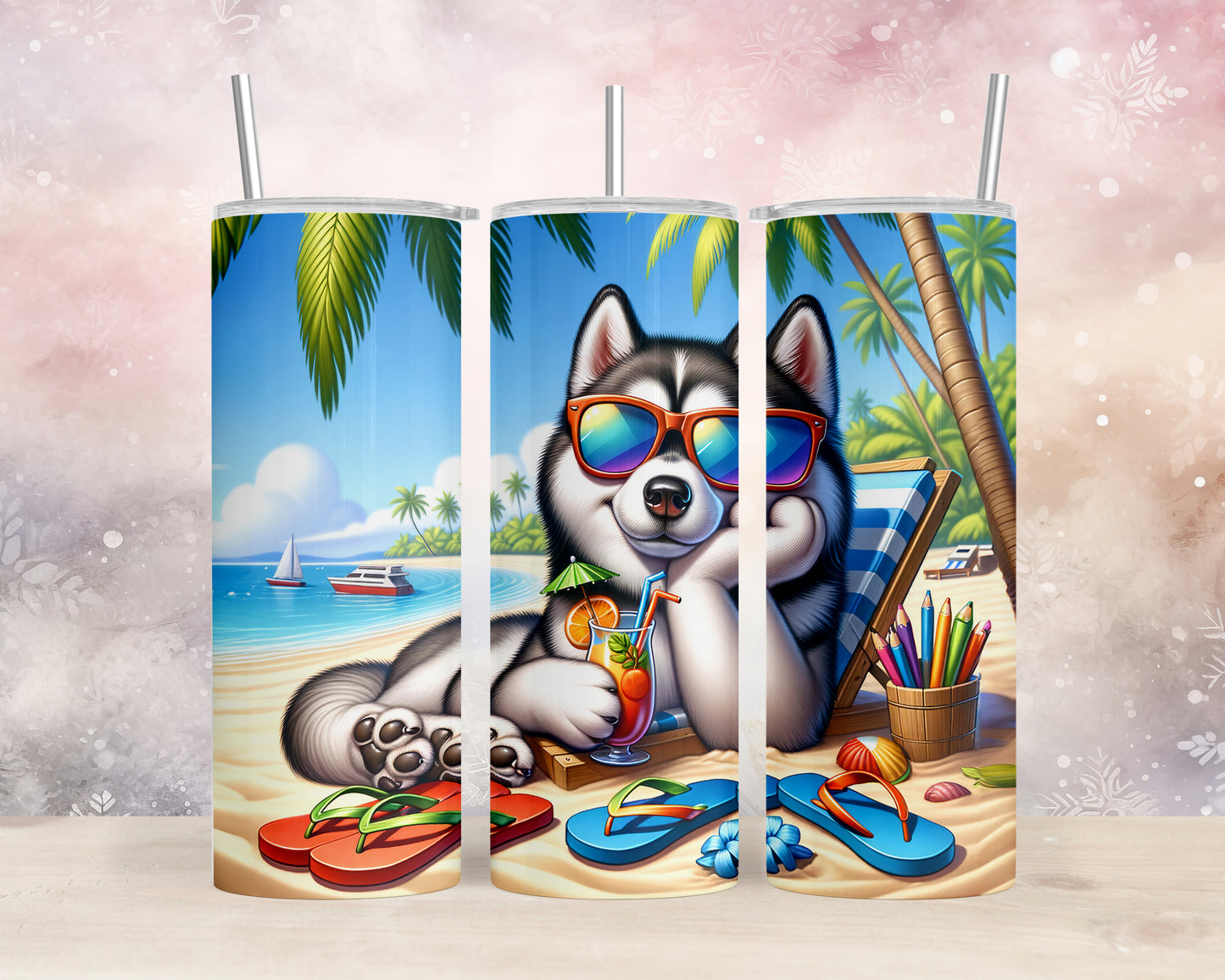 Skinny Tumbler with Straw, 20oz, Dog on Beach, Siberian Husky, awd-1244