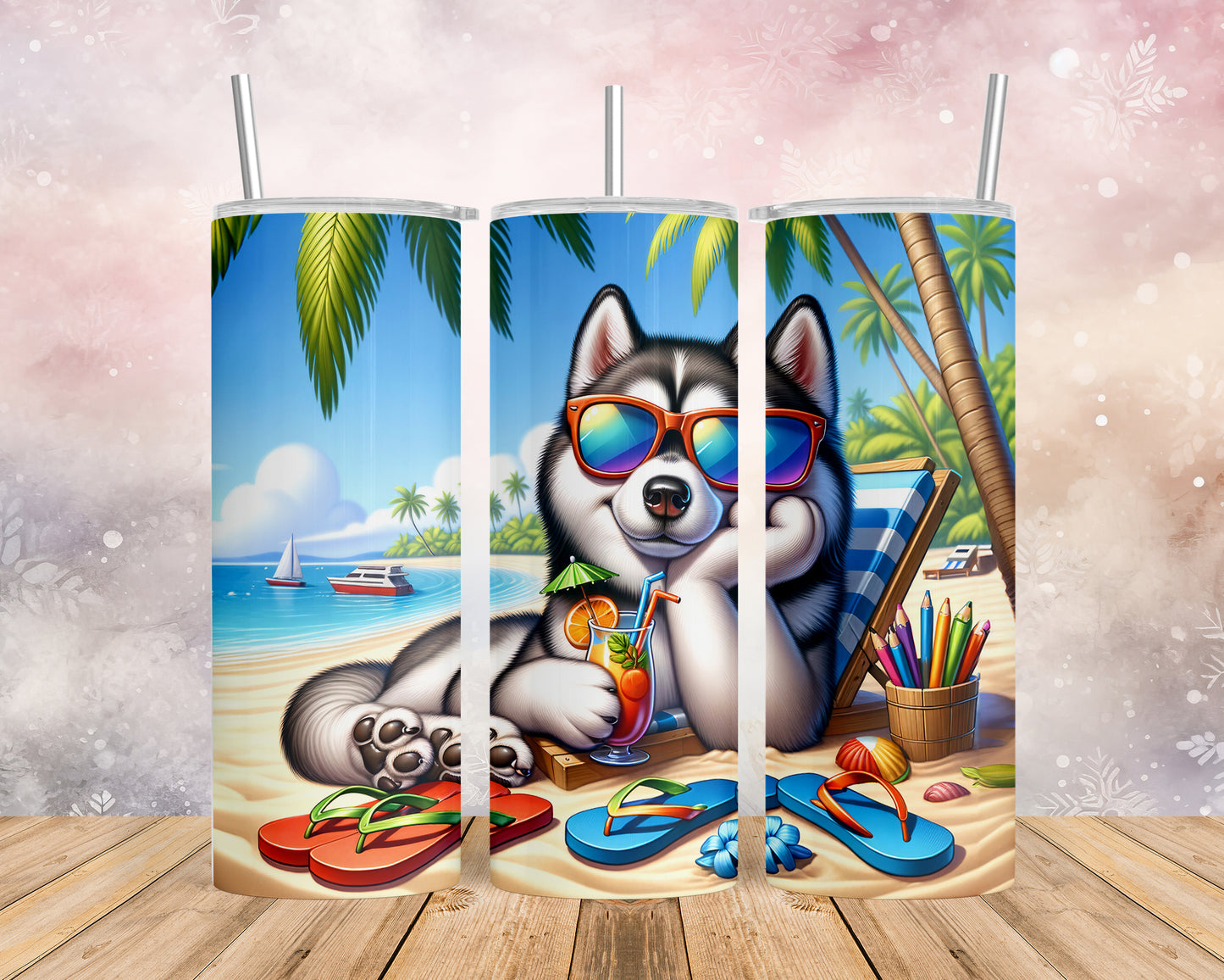 Skinny Tumbler with Straw, 20oz, Dog on Beach, Siberian Husky, awd-1244