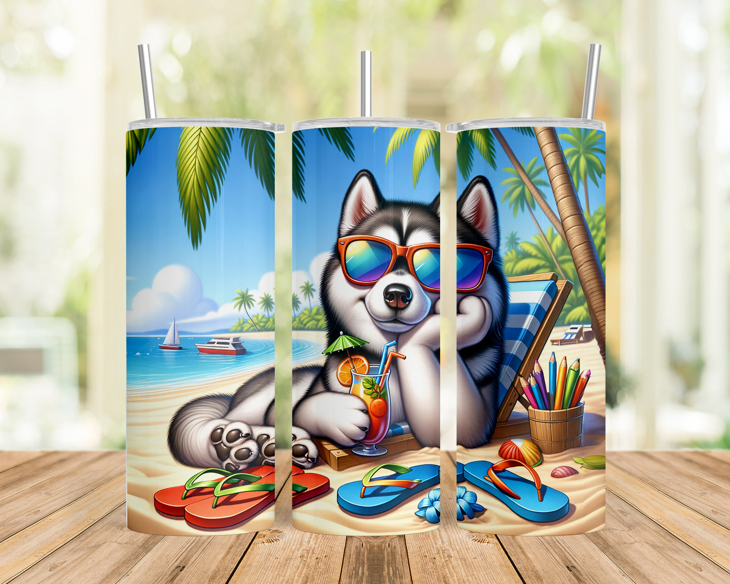 Skinny Tumbler with Straw, 20oz, Dog on Beach, Siberian Husky, awd-1244