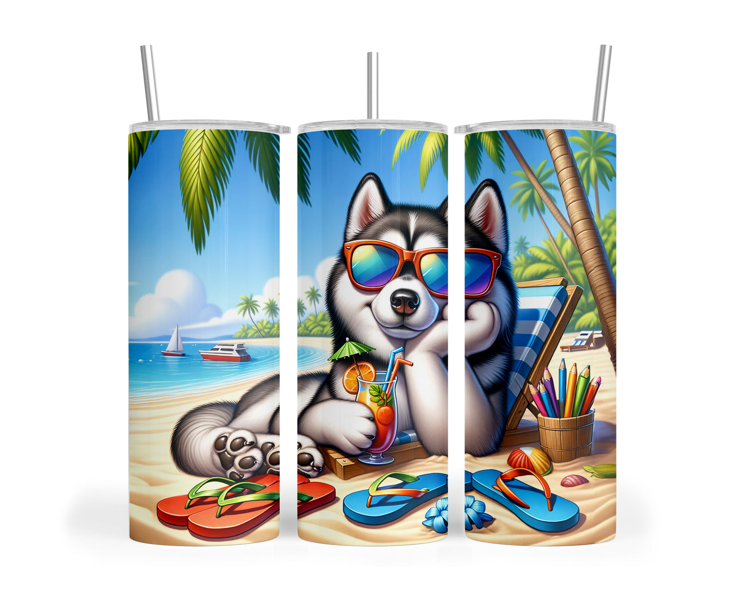 Skinny Tumbler with Straw, 20oz, Dog on Beach, Siberian Husky, awd-1244