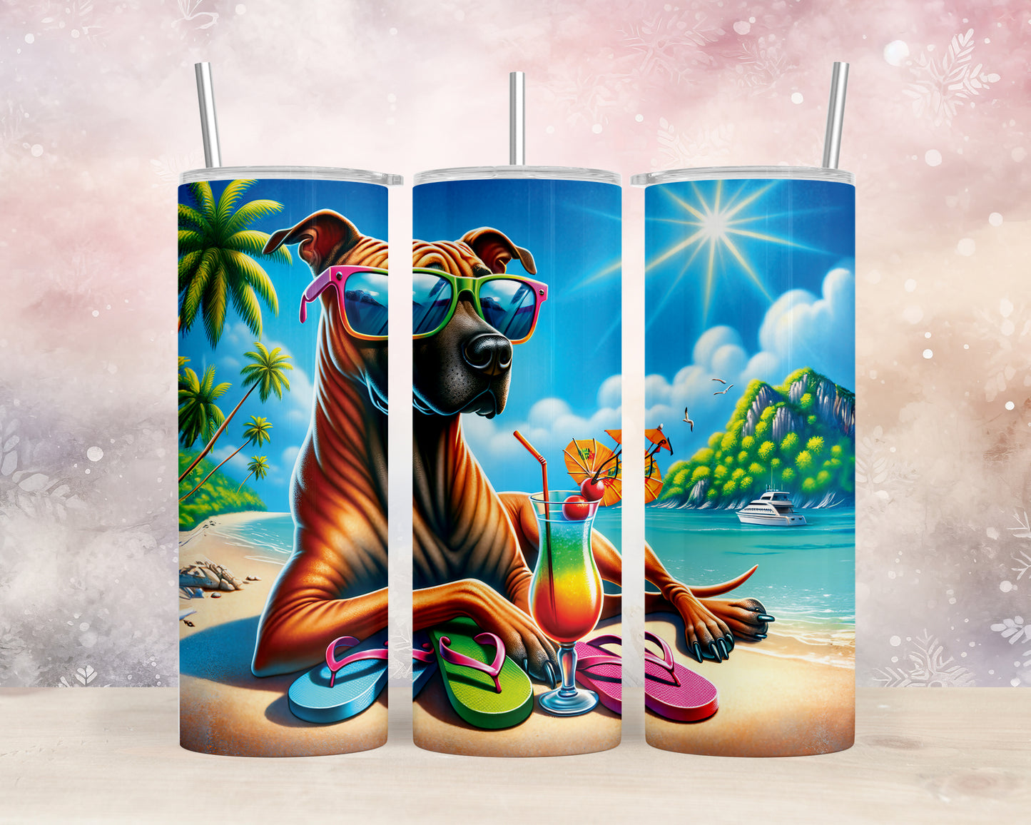 Skinny Tumbler with Straw, 20oz, Dog on Beach, Thai Ridgeback, awd-1248