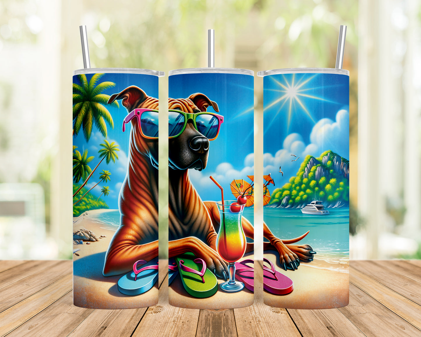 Skinny Tumbler with Straw, 20oz, Dog on Beach, Thai Ridgeback, awd-1248