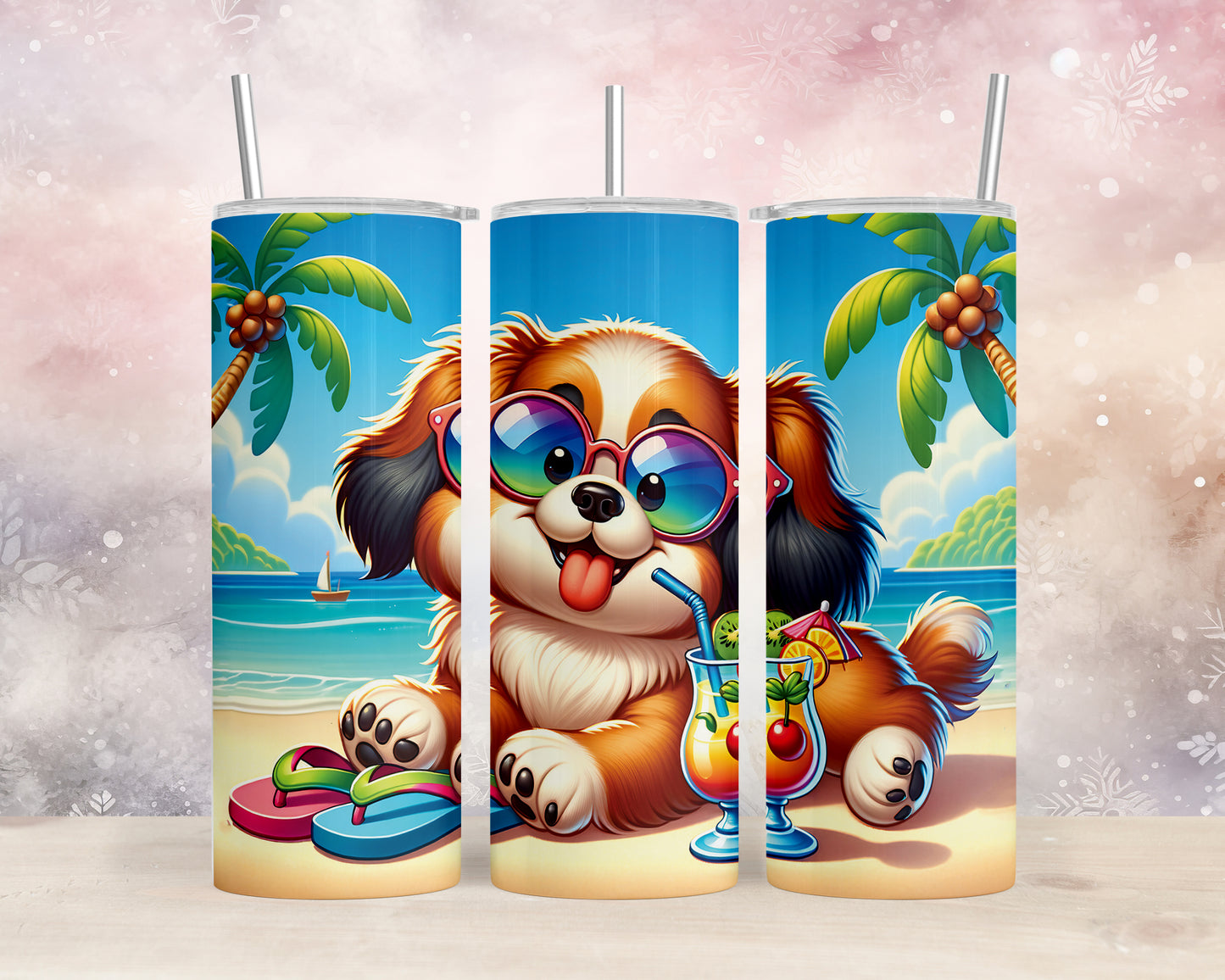 Skinny Tumbler with Straw, 20oz, Dog on Beach, Tibetan Spaniel, awd-1249