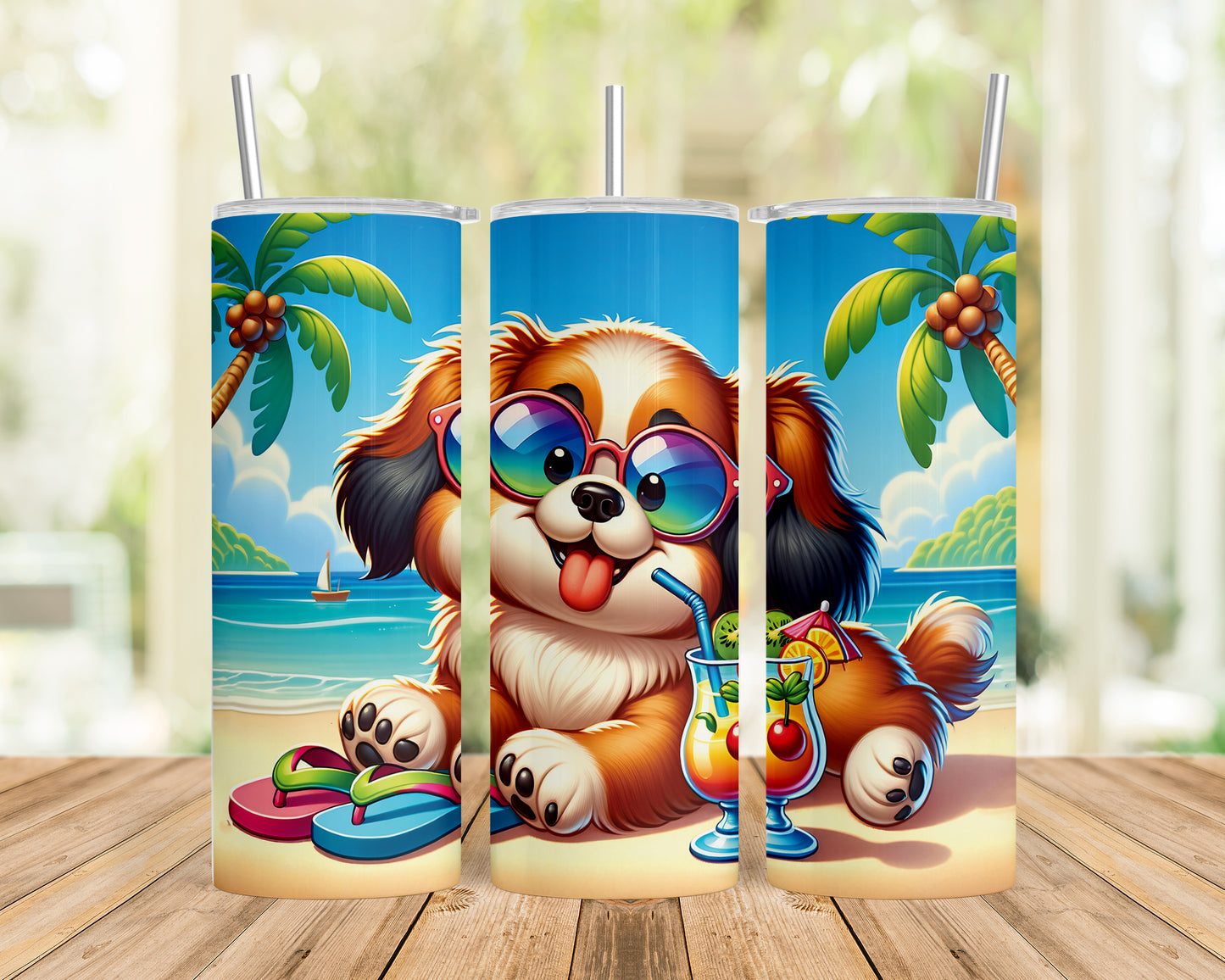 Skinny Tumbler with Straw, 20oz, Dog on Beach, Tibetan Spaniel, awd-1249