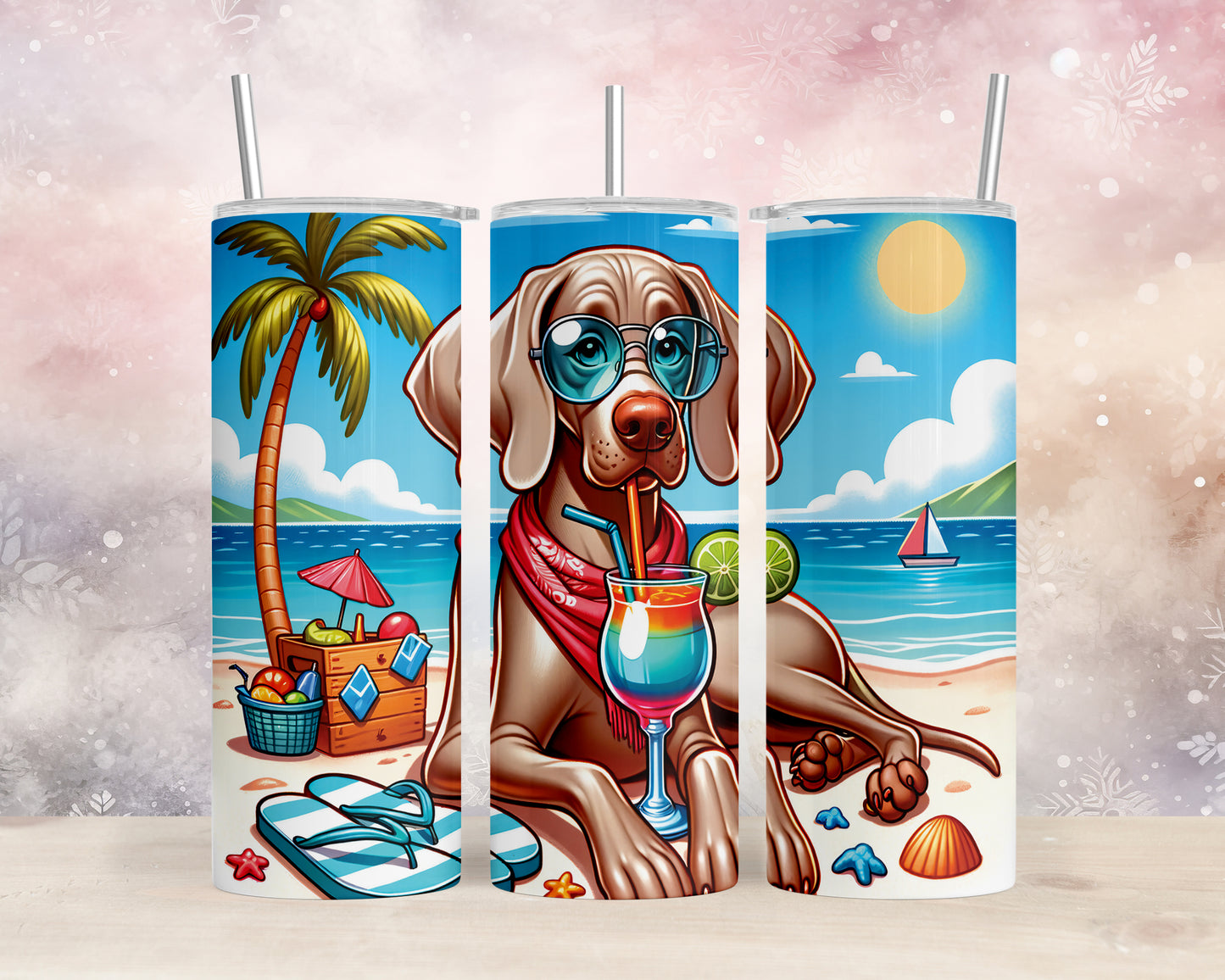 Skinny Tumbler with Straw, 20oz, Dog on Beach, Weimaraner, awd-1250