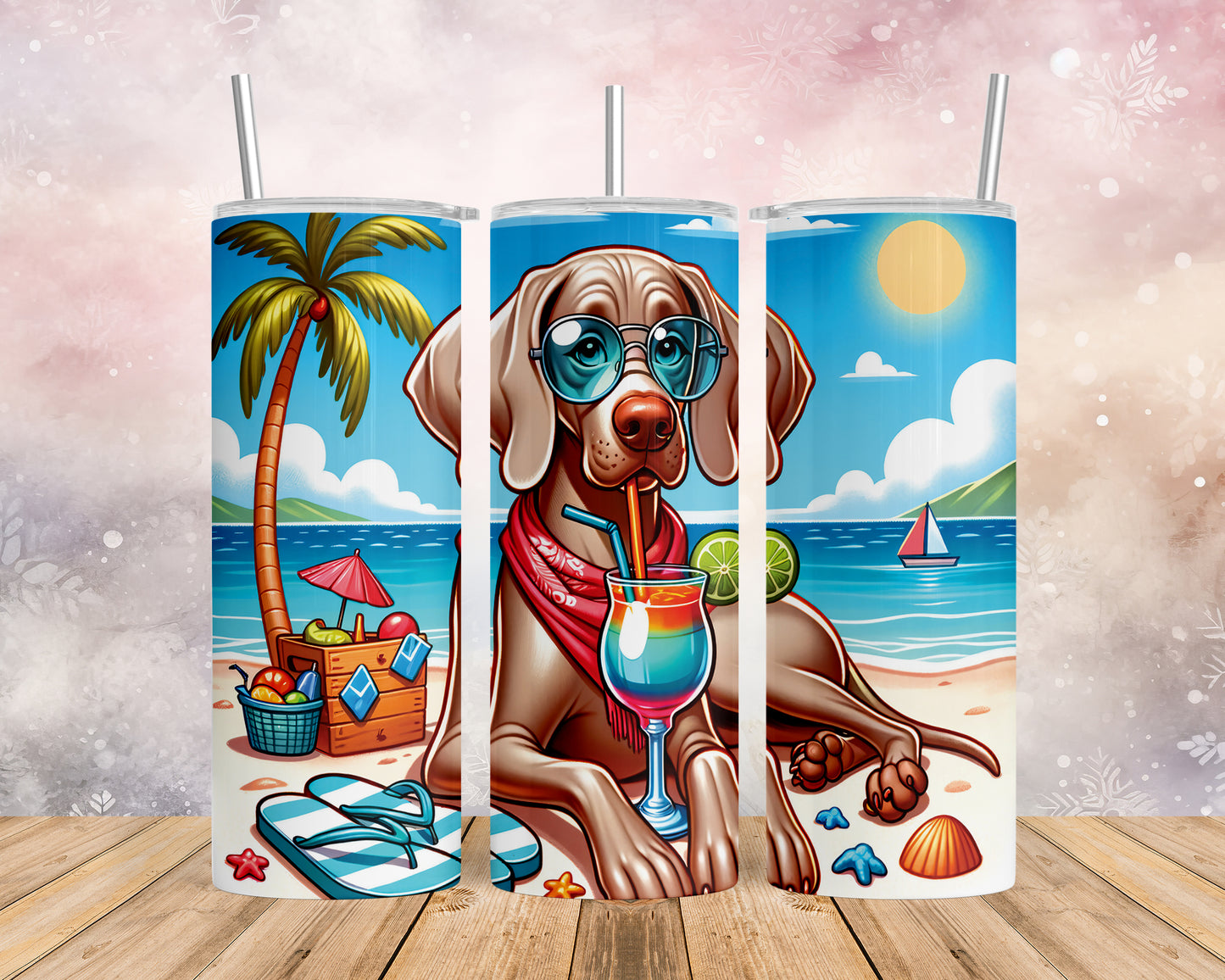 Skinny Tumbler with Straw, 20oz, Dog on Beach, Weimaraner, awd-1250