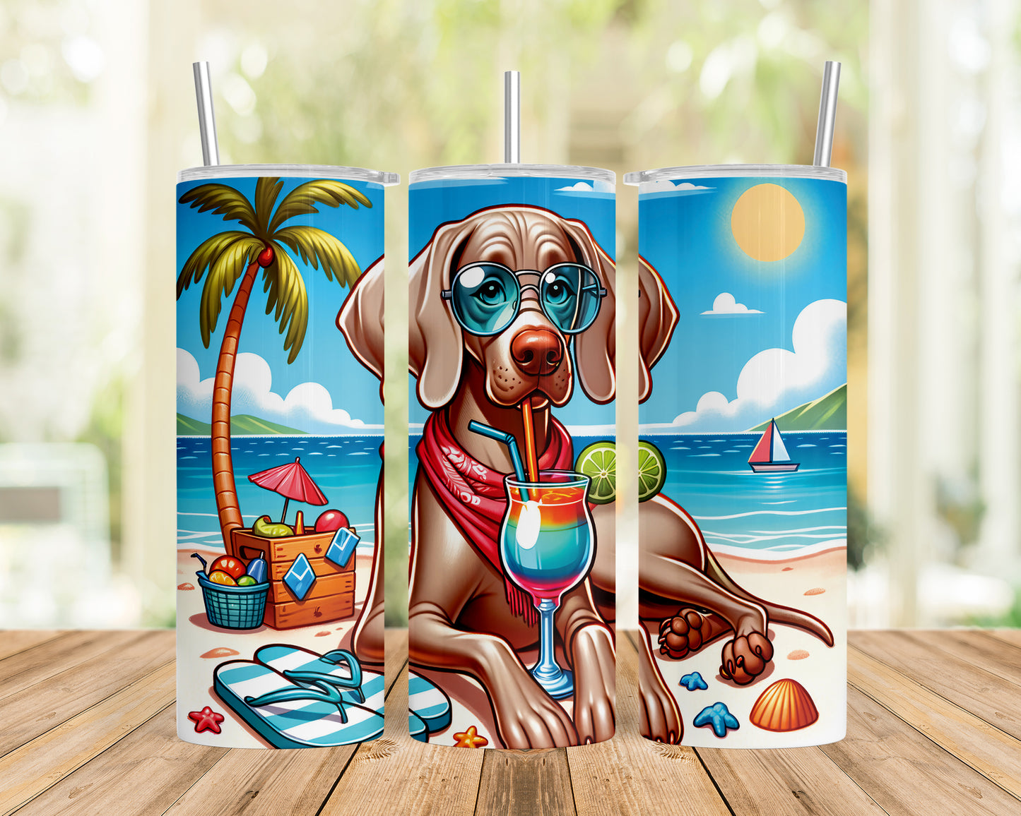 Skinny Tumbler with Straw, 20oz, Dog on Beach, Weimaraner, awd-1250