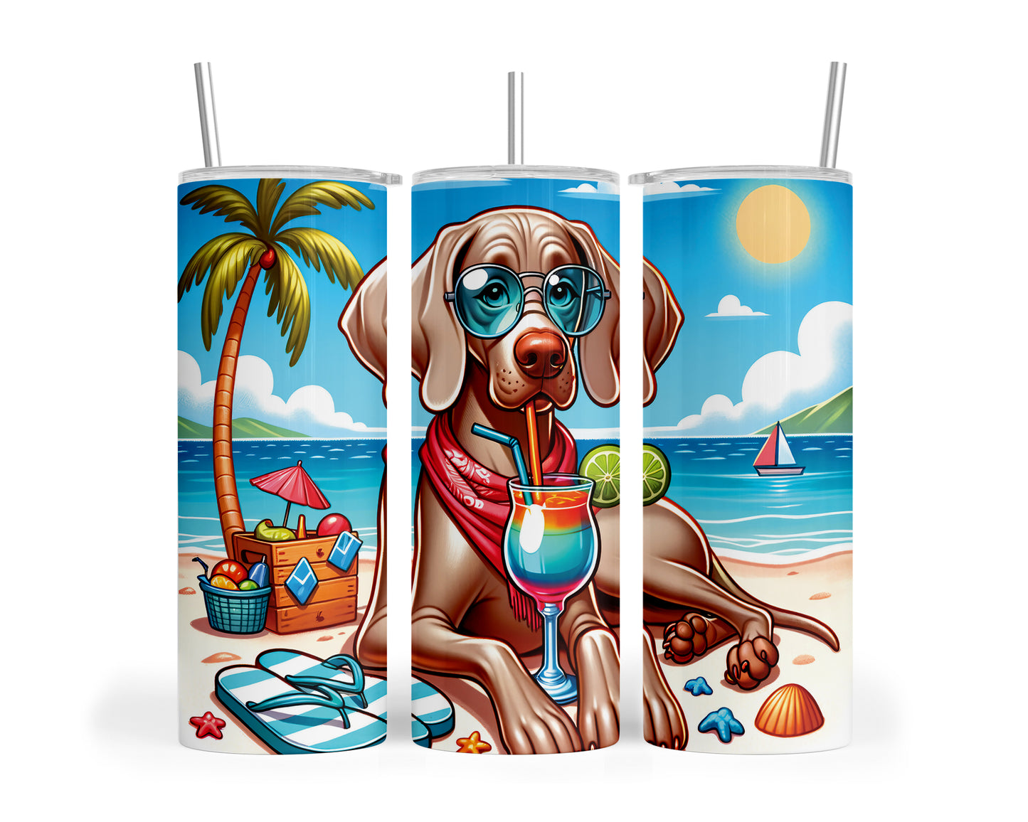 Skinny Tumbler with Straw, 20oz, Dog on Beach, Weimaraner, awd-1250