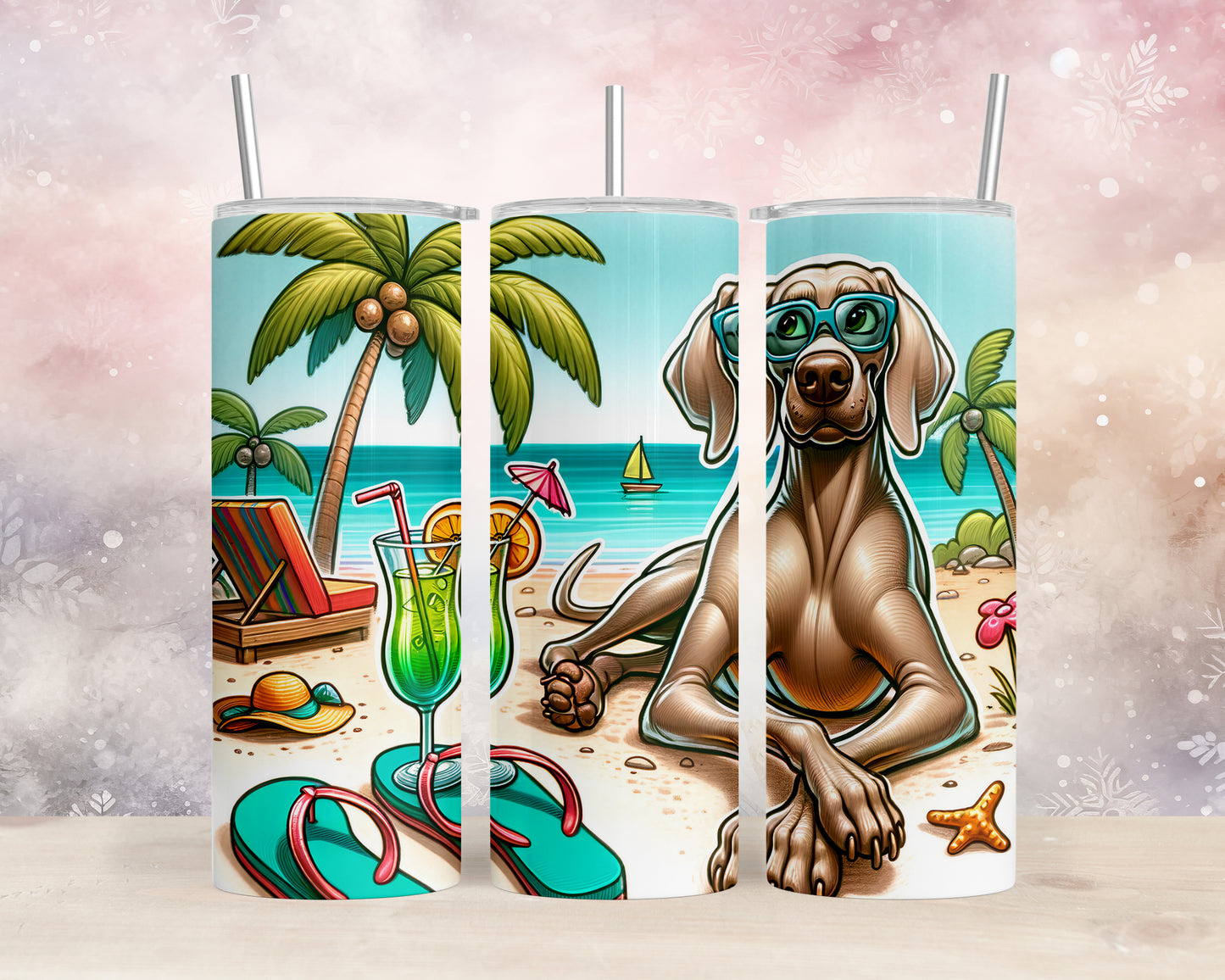 Skinny Tumbler with Straw, 20oz, Dog on Beach, Weimaraner, awd-1251