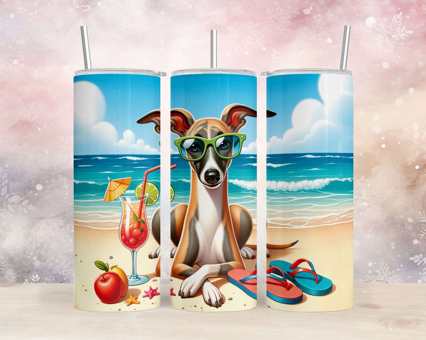 Skinny Tumbler with Straw, 20oz, Dog on Beach, Whippet, awd-1252