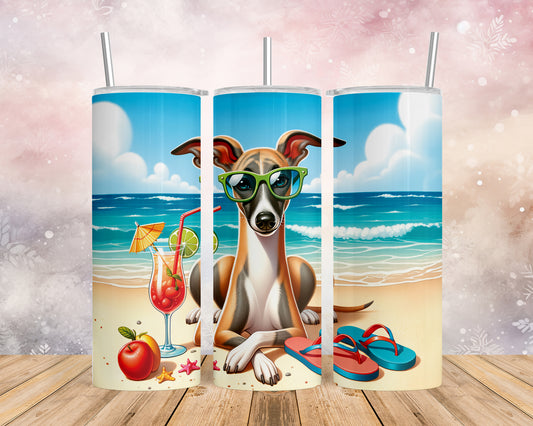 Skinny Tumbler with Straw, 20oz, Dog on Beach, Whippet, awd-1252