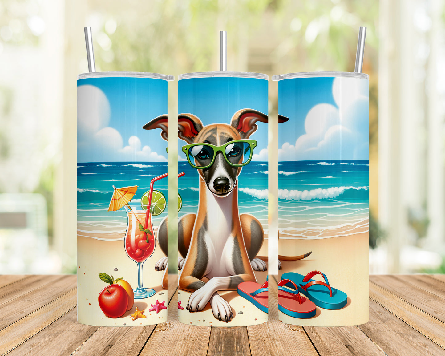 Skinny Tumbler with Straw, 20oz, Dog on Beach, Whippet, awd-1252