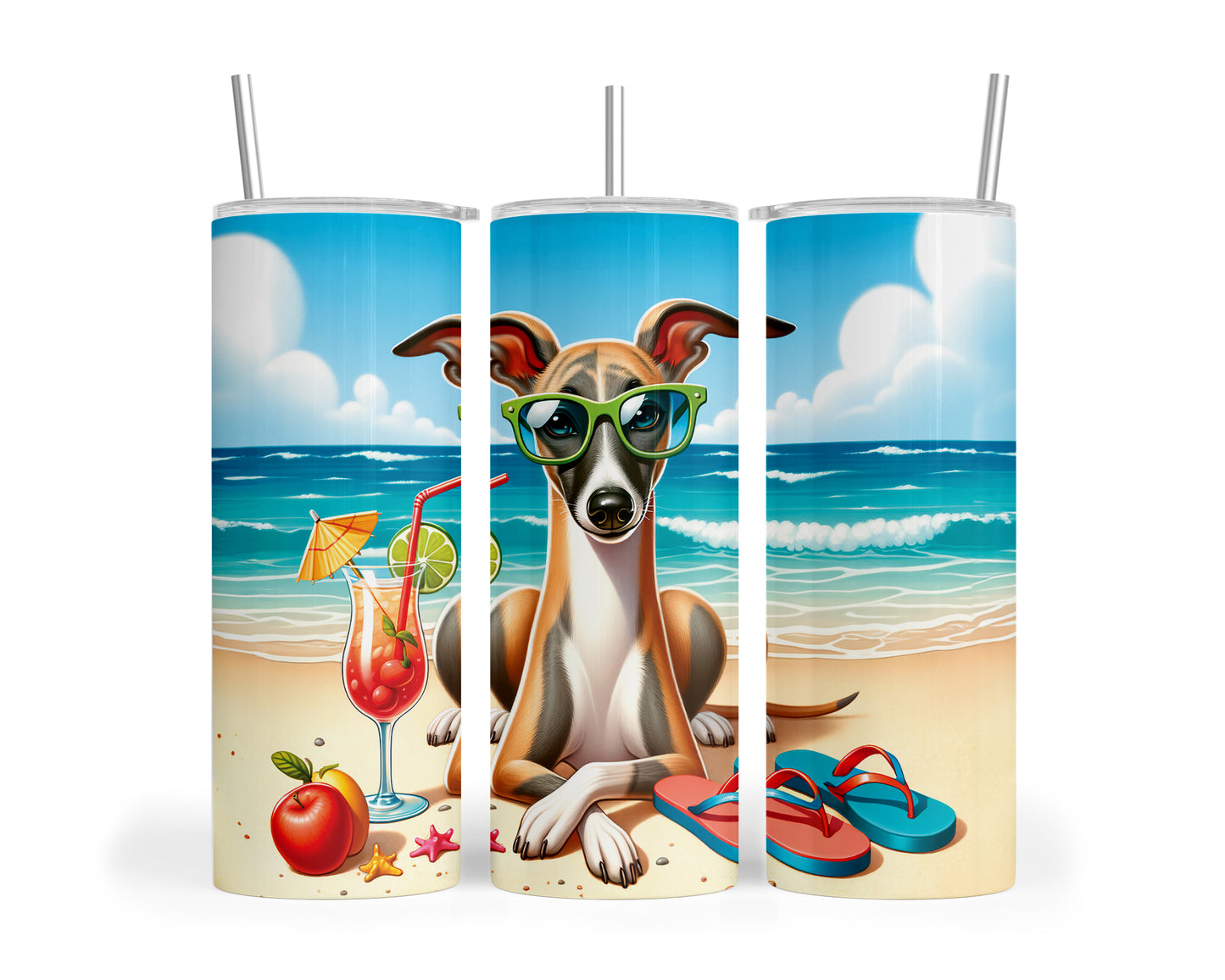 Skinny Tumbler with Straw, 20oz, Dog on Beach, Whippet, awd-1252