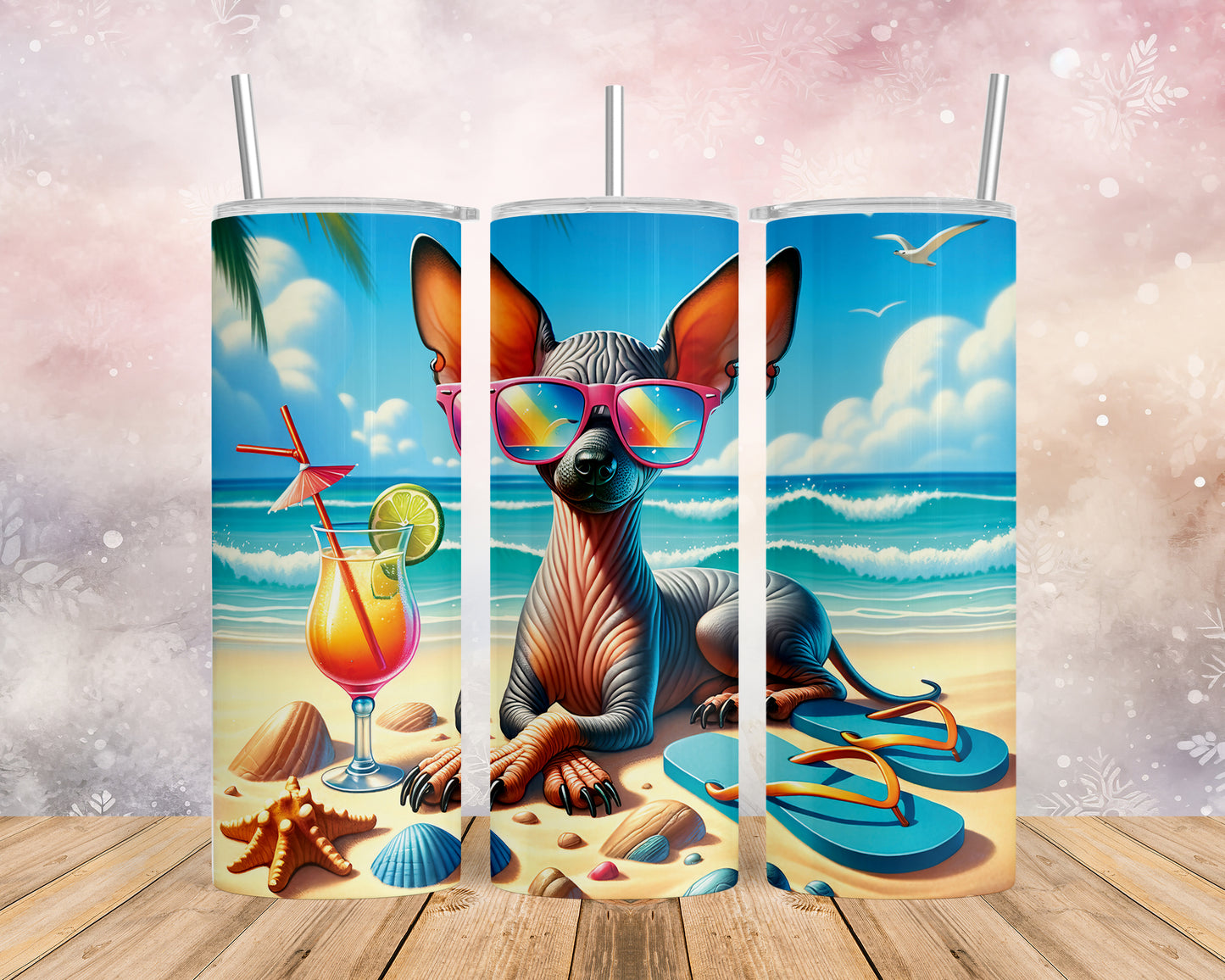 Skinny Tumbler with Straw, 20oz, Dog on Beach, Xloitcuintli, awd-1253