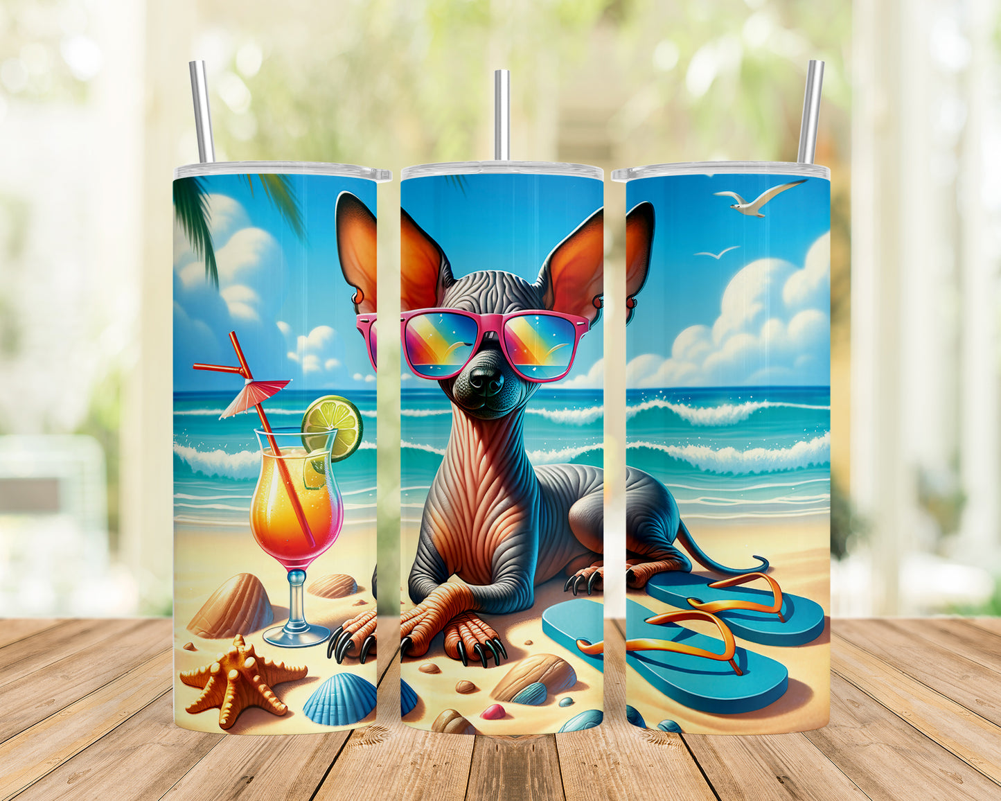 Skinny Tumbler with Straw, 20oz, Dog on Beach, Xloitcuintli, awd-1253