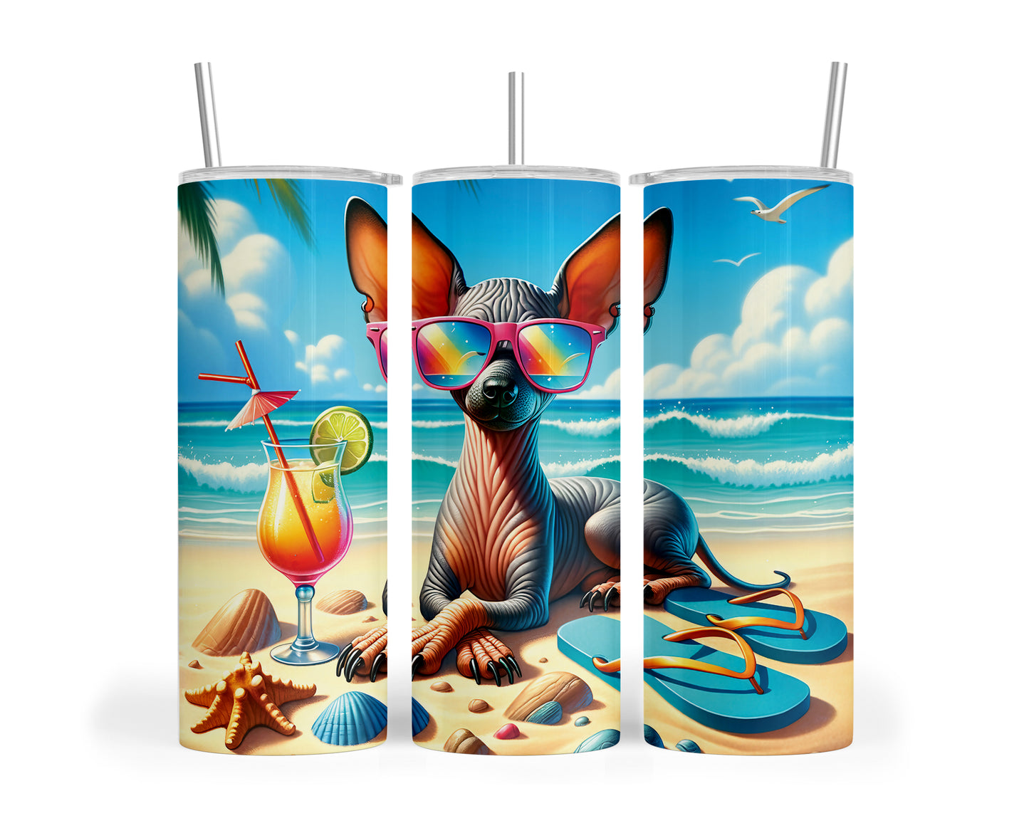 Skinny Tumbler with Straw, 20oz, Dog on Beach, Xloitcuintli, awd-1253