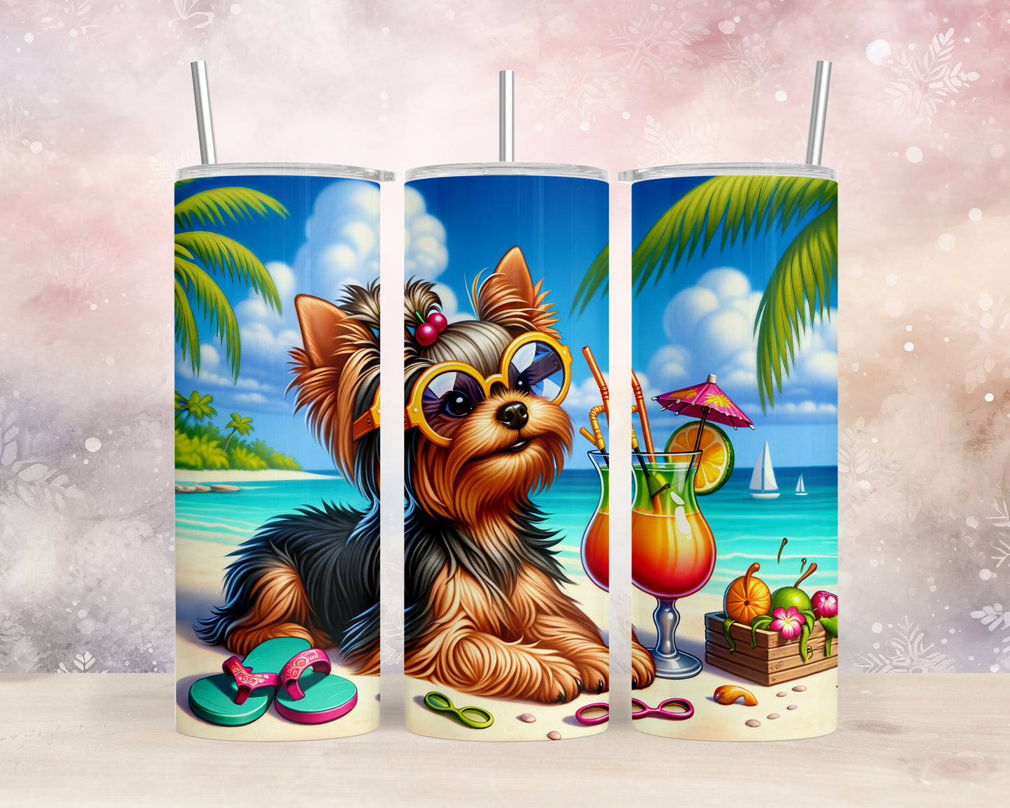 Skinny Tumbler with Straw, 20oz, Dog on Beach, Yorkshire Terrier, awd-1254