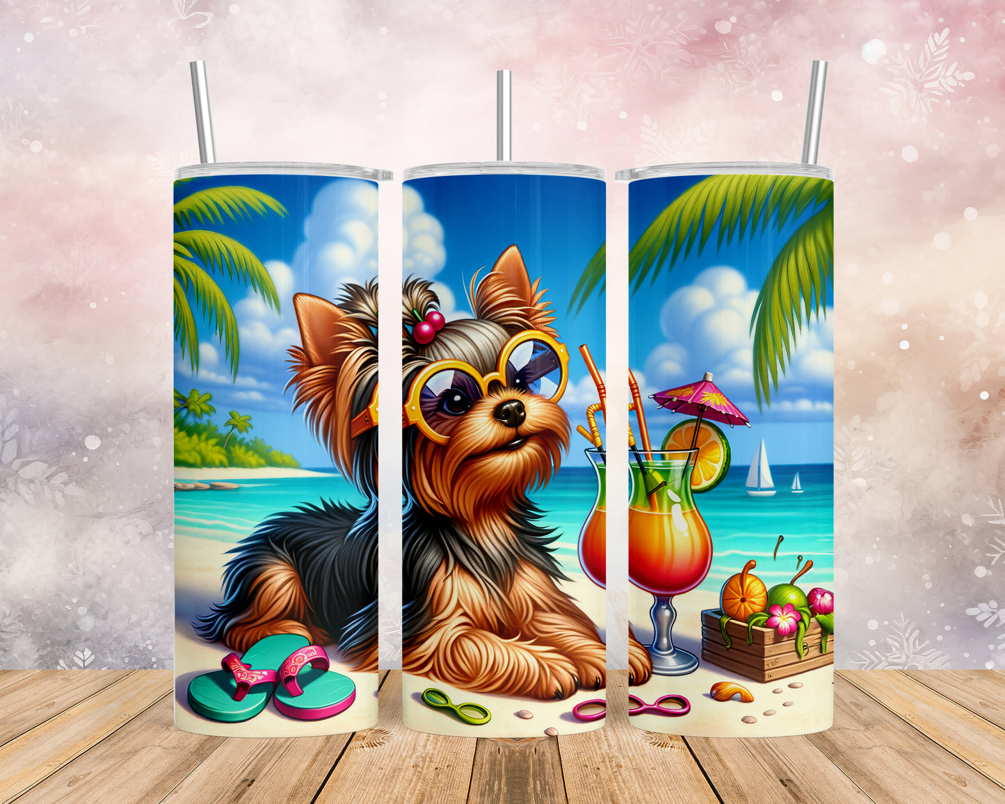 Skinny Tumbler with Straw, 20oz, Dog on Beach, Yorkshire Terrier, awd-1254