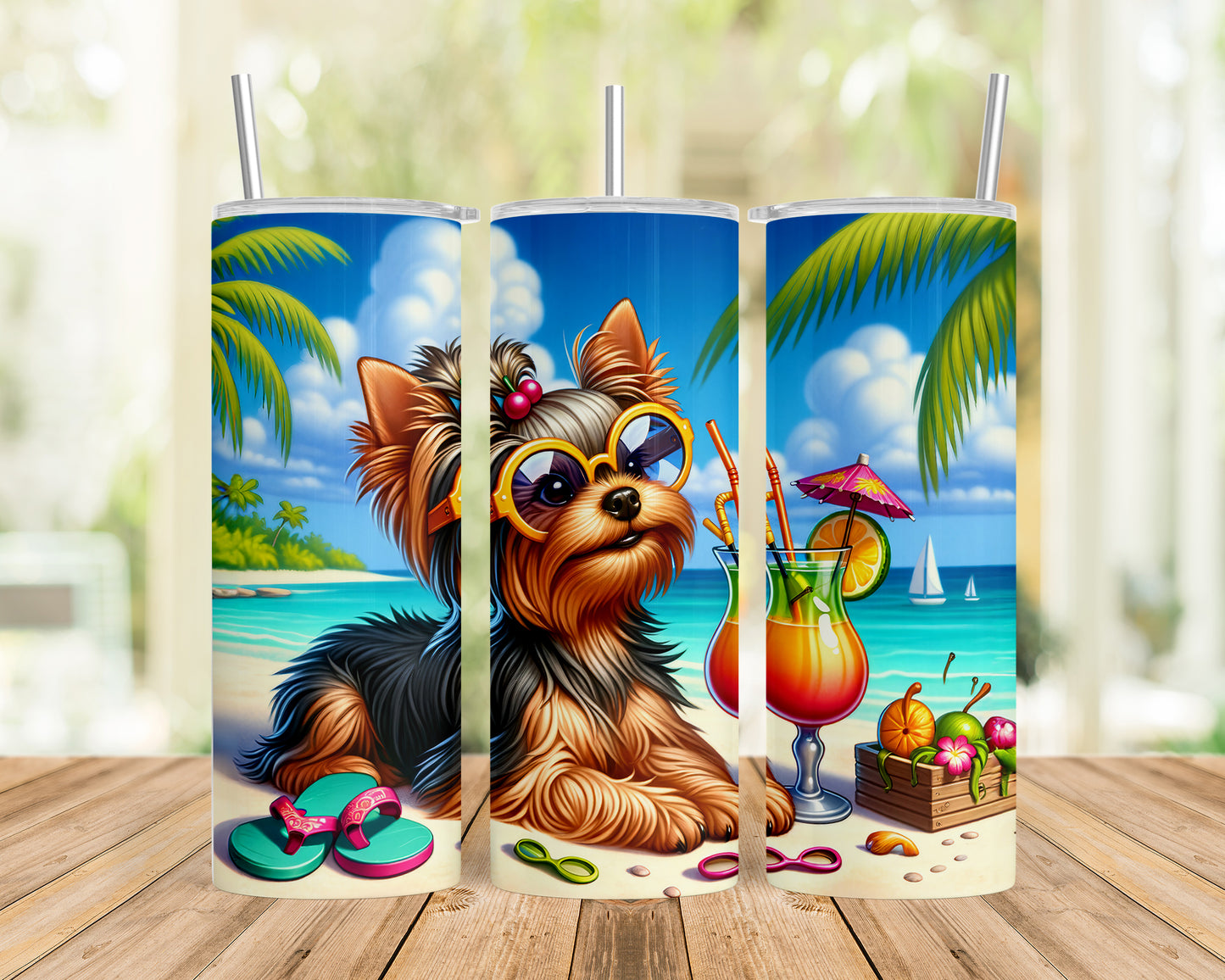 Skinny Tumbler with Straw, 20oz, Dog on Beach, Yorkshire Terrier, awd-1254