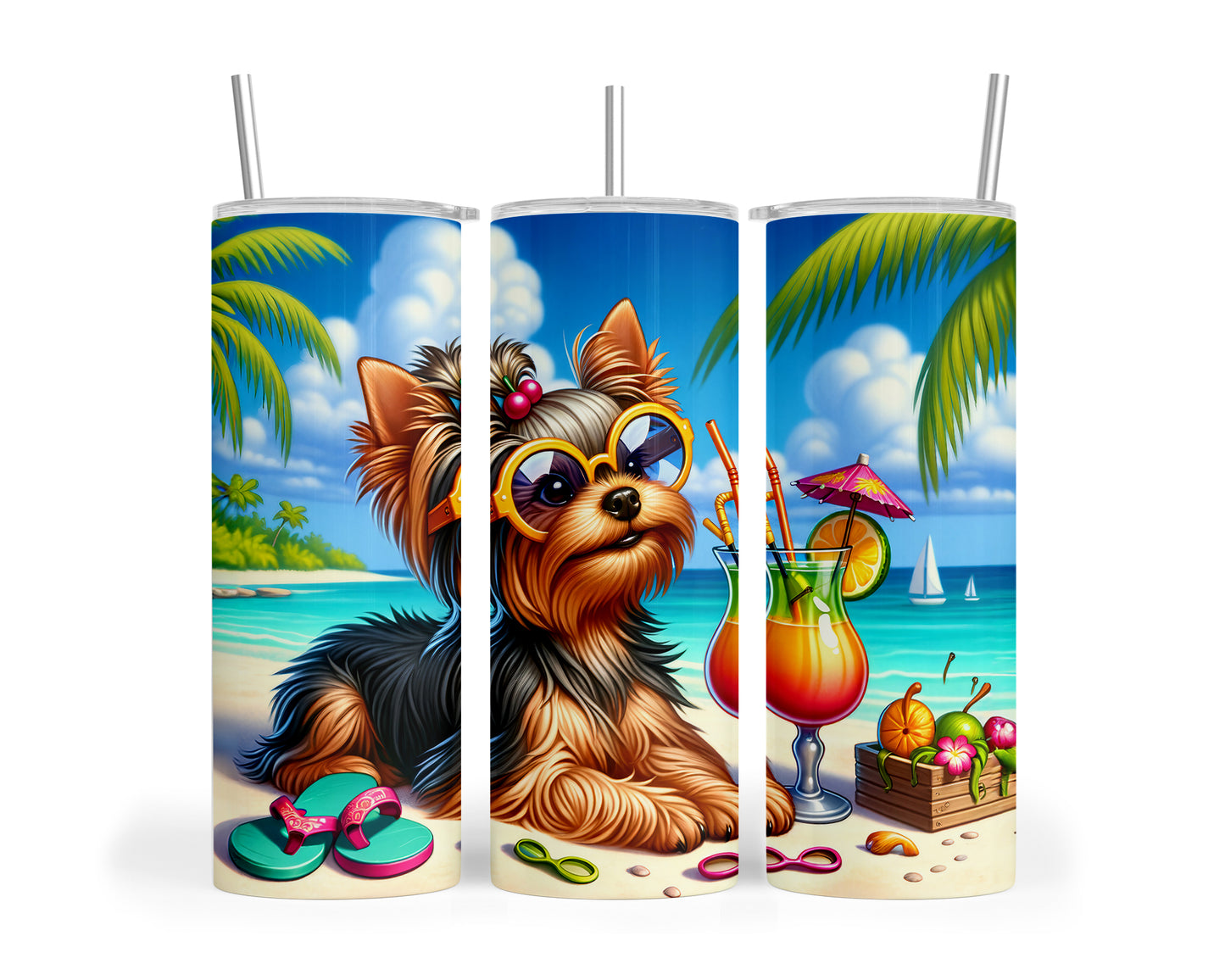 Skinny Tumbler with Straw, 20oz, Dog on Beach, Yorkshire Terrier, awd-1254