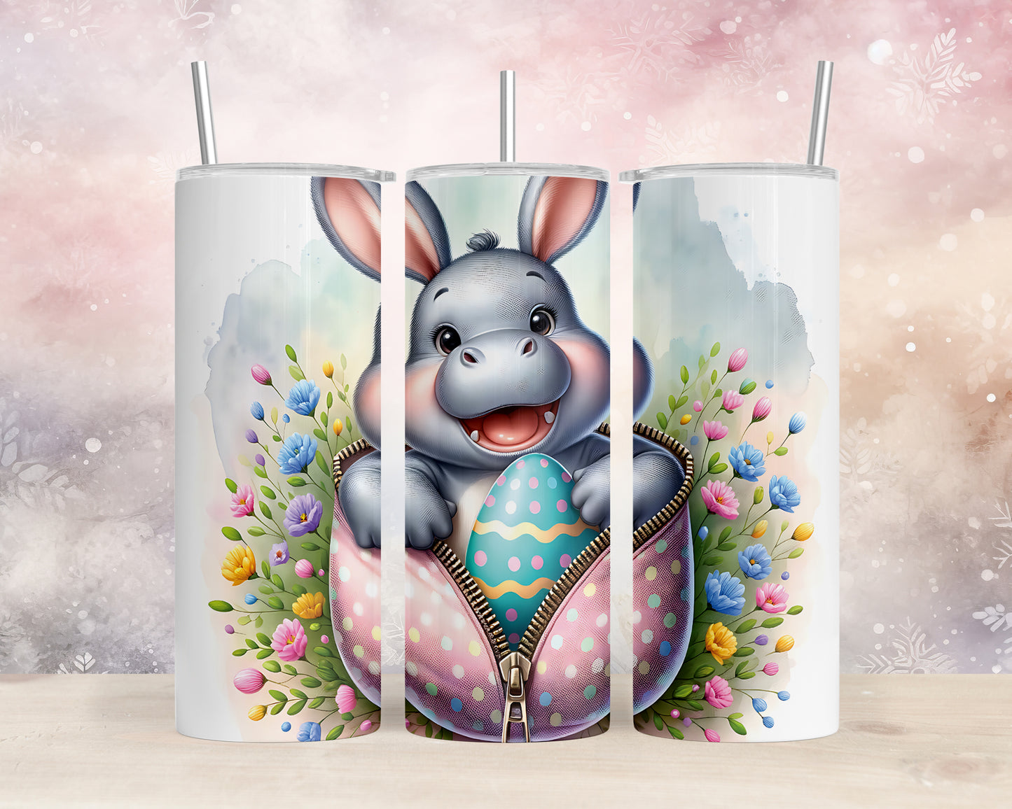 Skinny Tumbler with Straw, 20oz, Easter, Baby Hippo, awd-1267