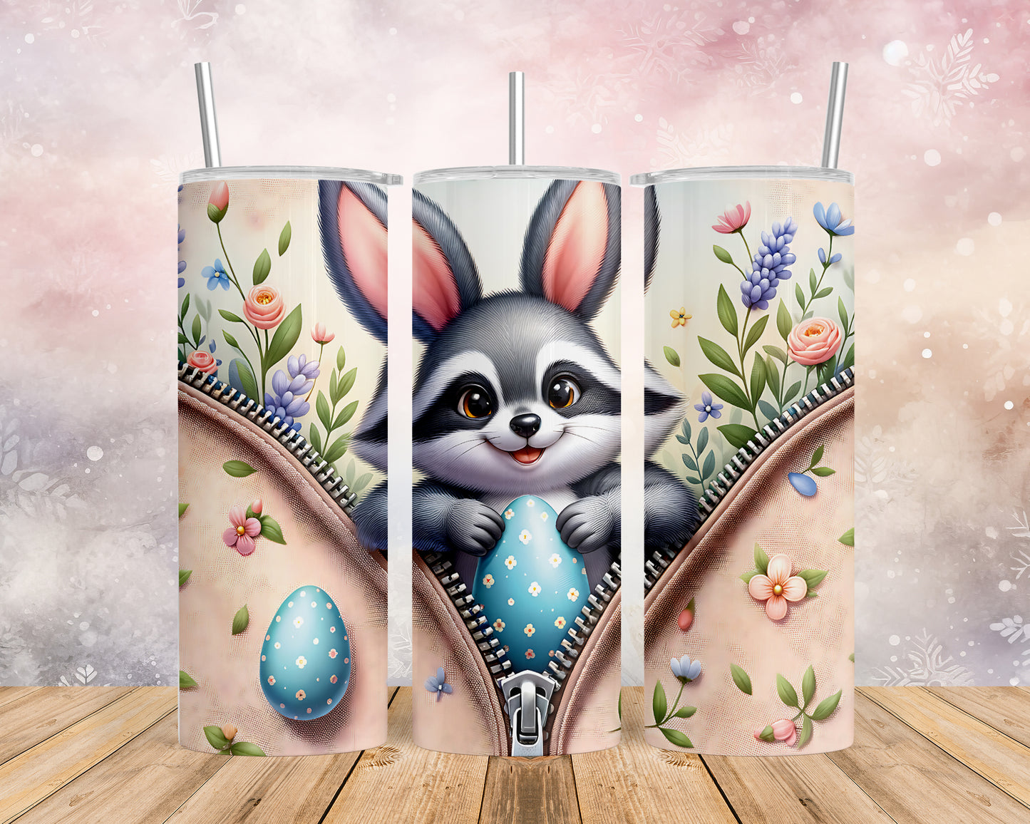 Skinny Tumbler with Straw, 20oz, Easter, Raccoon, awd-1273