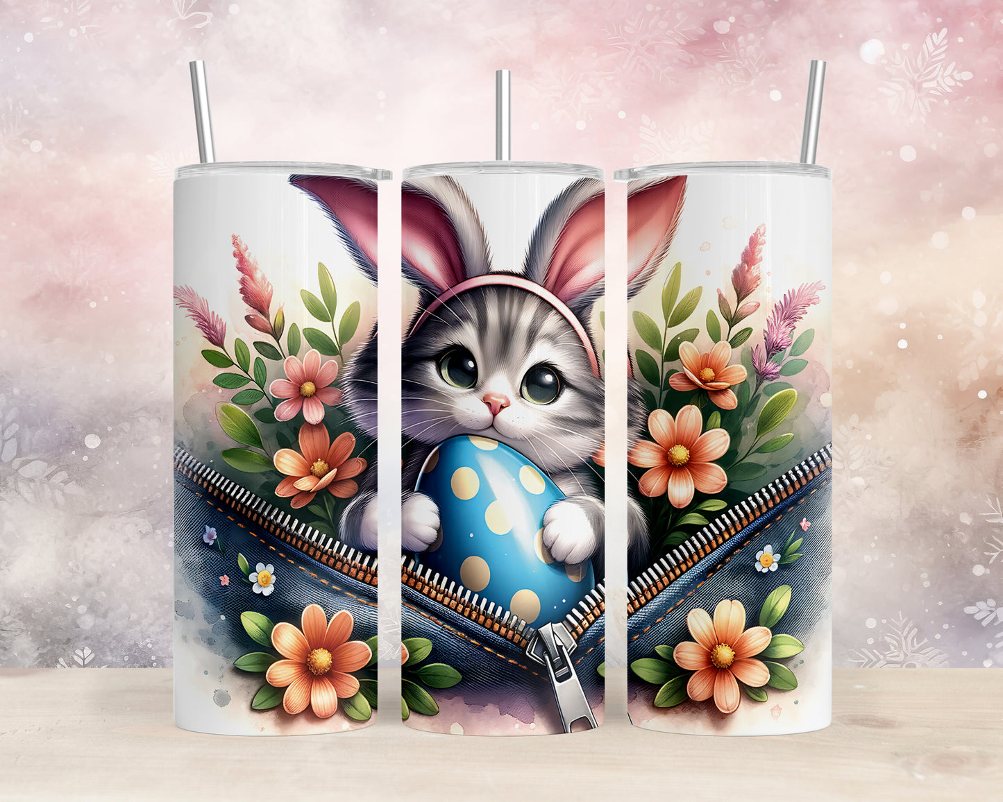 Skinny Tumbler with Straw, 20oz, Easter, Cat, awd-1309