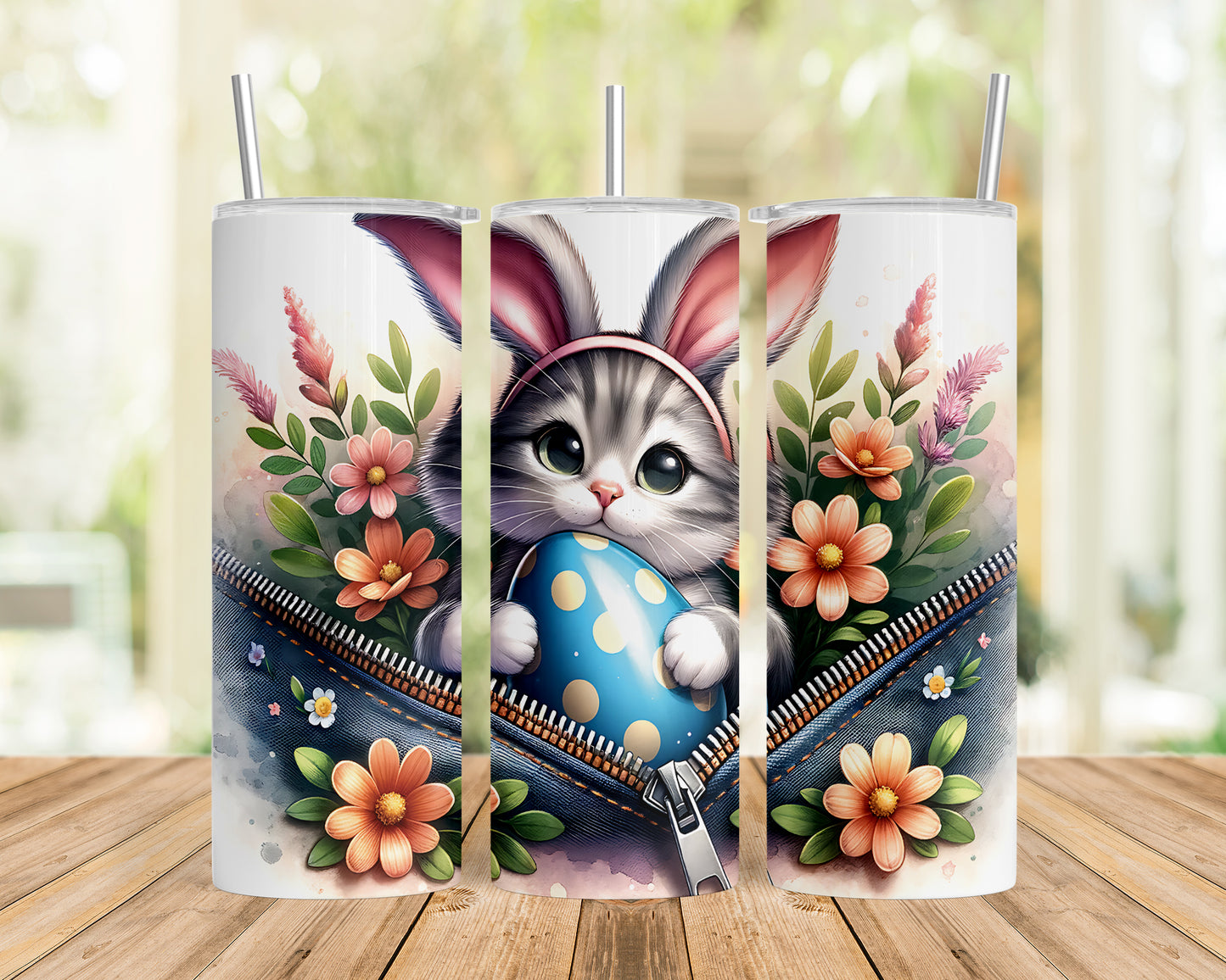 Skinny Tumbler with Straw, 20oz, Easter, Cat, awd-1309