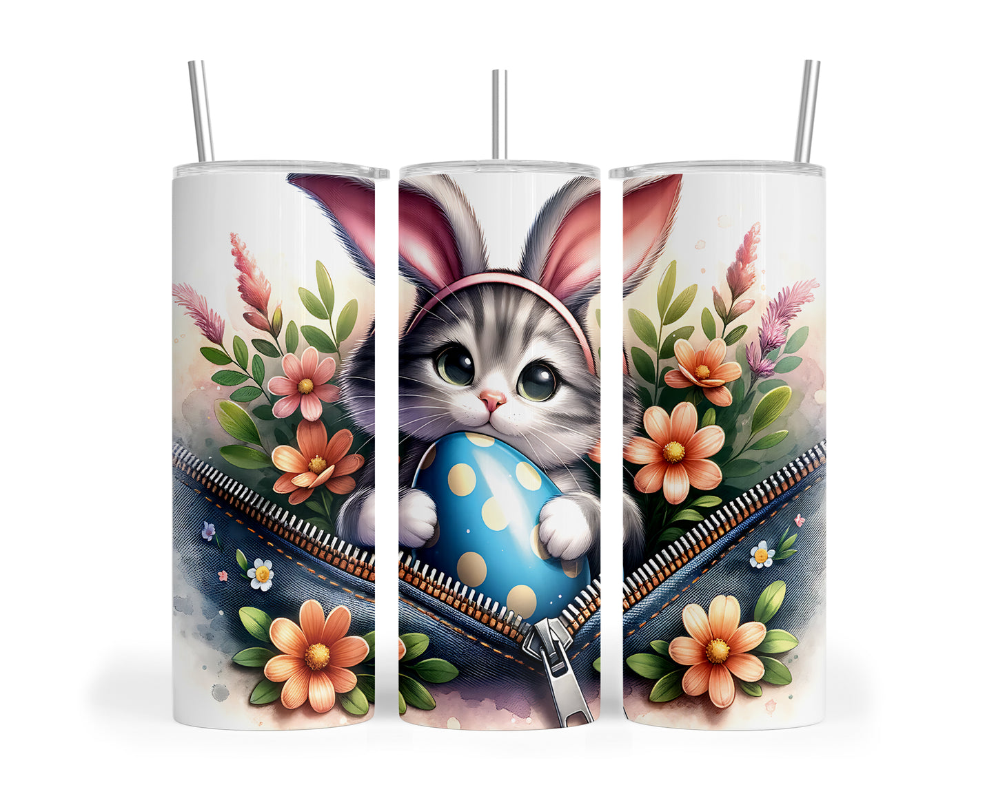 Skinny Tumbler with Straw, 20oz, Easter, Cat, awd-1309