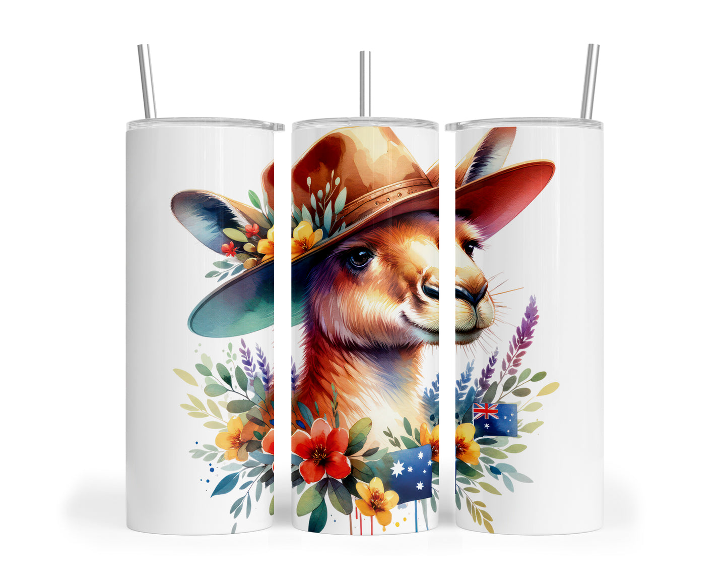 Skinny Tumbler with Straw, 20oz, Australian Animal, Kangaroo, awd-1315