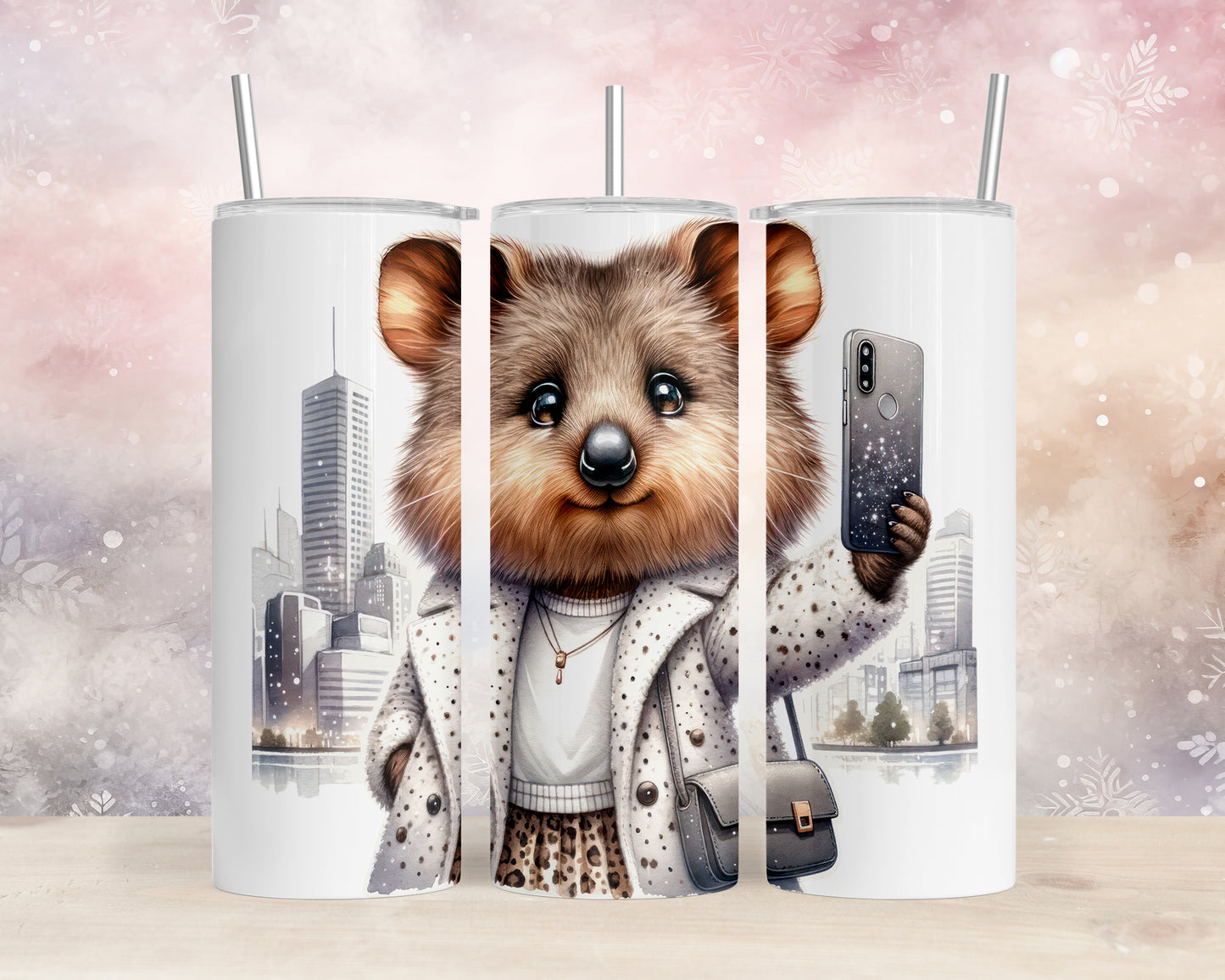 Skinny Tumbler with Straw, 20oz, Australian Animal, Quokka, Traveling, Taking Selfie, awd-1331