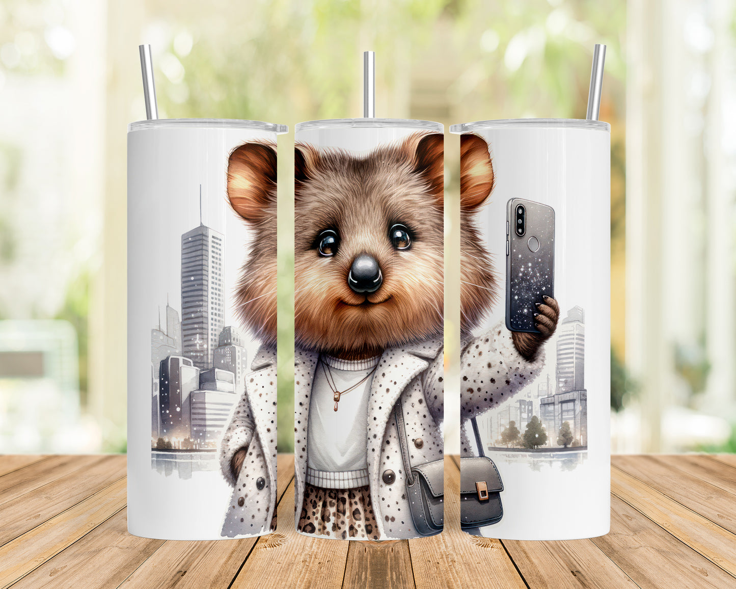 Skinny Tumbler with Straw, 20oz, Australian Animal, Quokka, Traveling, Taking Selfie, awd-1331