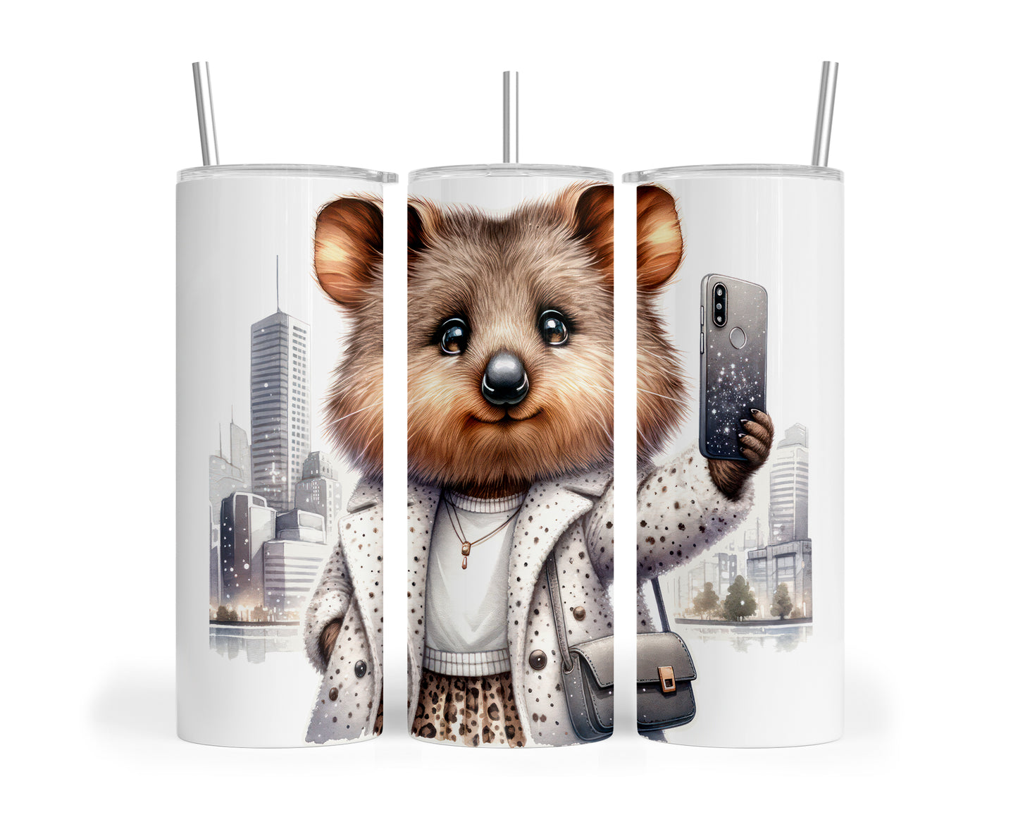 Skinny Tumbler with Straw, 20oz, Australian Animal, Quokka, Traveling, Taking Selfie, awd-1331