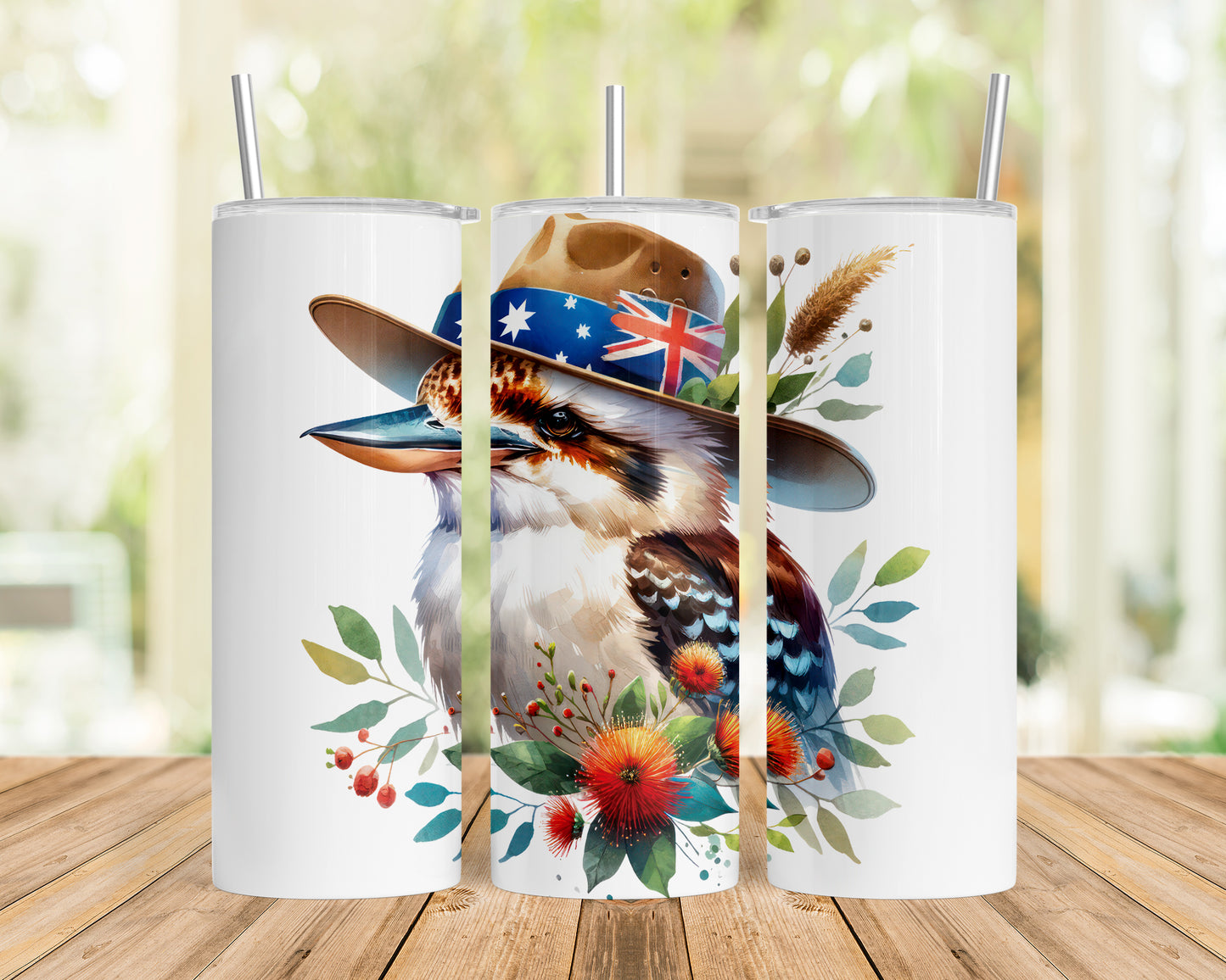 Skinny Tumbler with Straw, 20oz, Australian Animal, Kookaburra, awd-1337